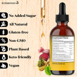 Superfood MD Maca Root Drops bottle with fresh ingredients