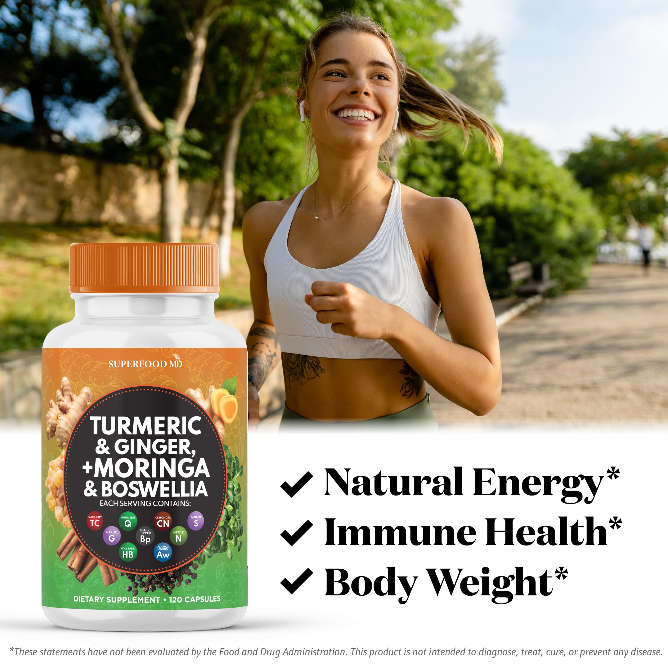 Superfood MD Moringa with Turmeric Curcumin Capsules bottle with label