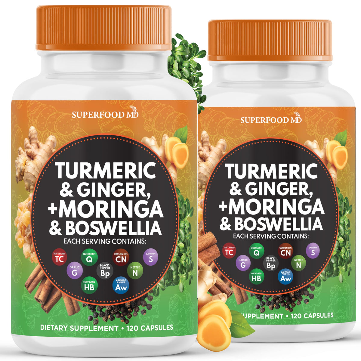 Superfood MD Moringa with Turmeric Curcumin Capsules front view