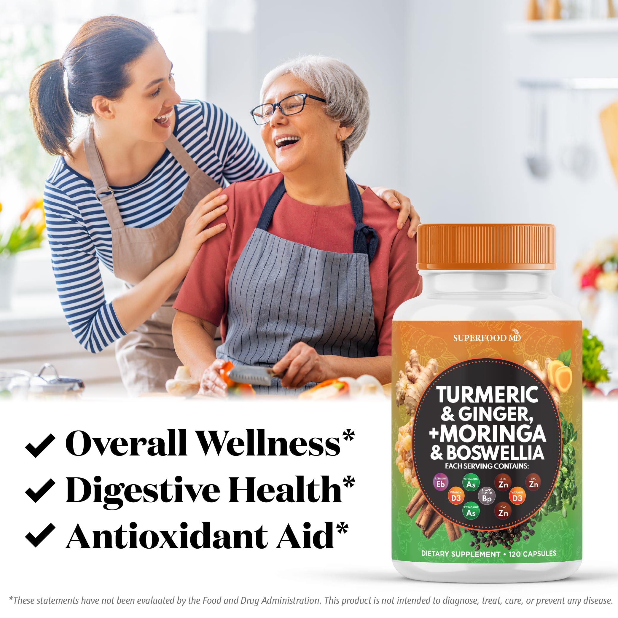 Superfood MD Moringa with Turmeric Curcumin Capsules on wooden table