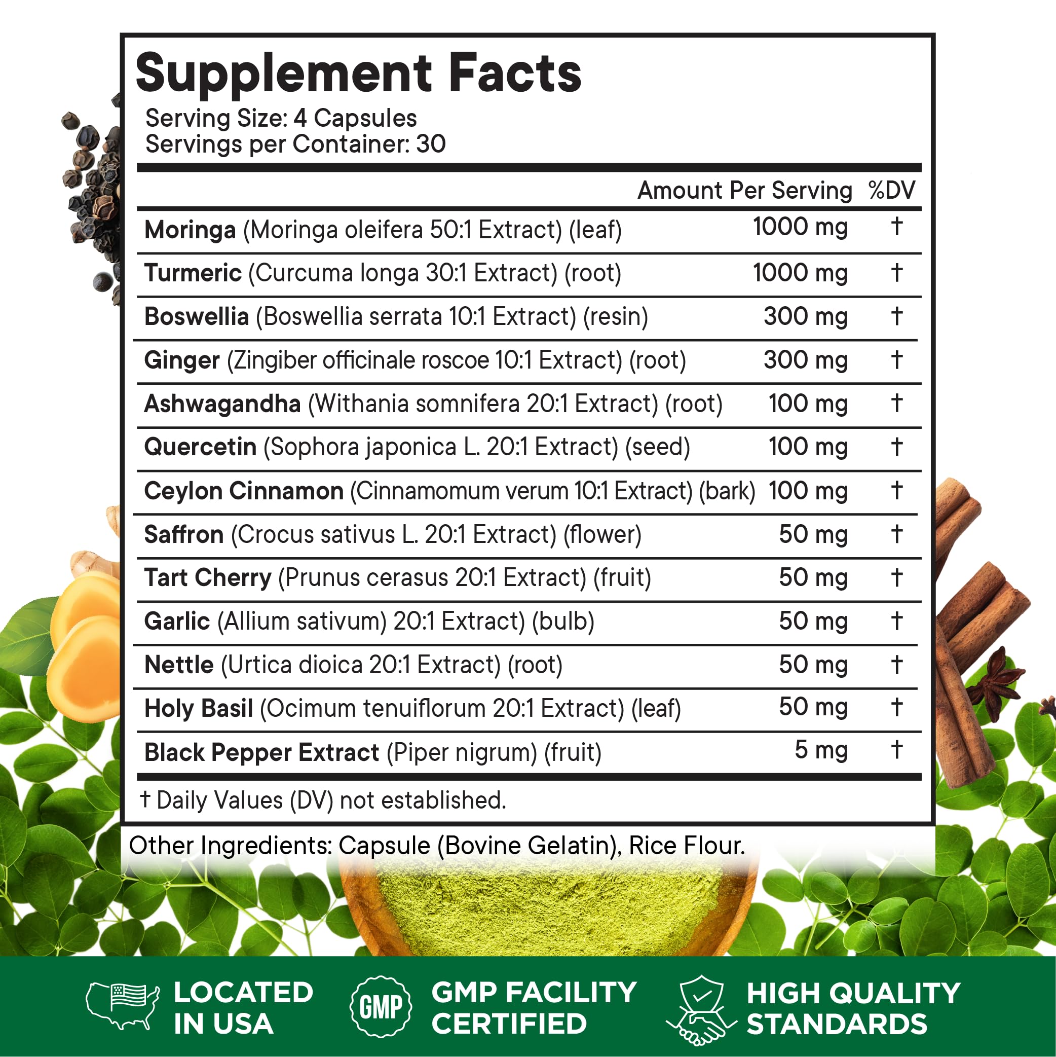 Superfood MD Moringa with Turmeric Curcumin Capsules side view