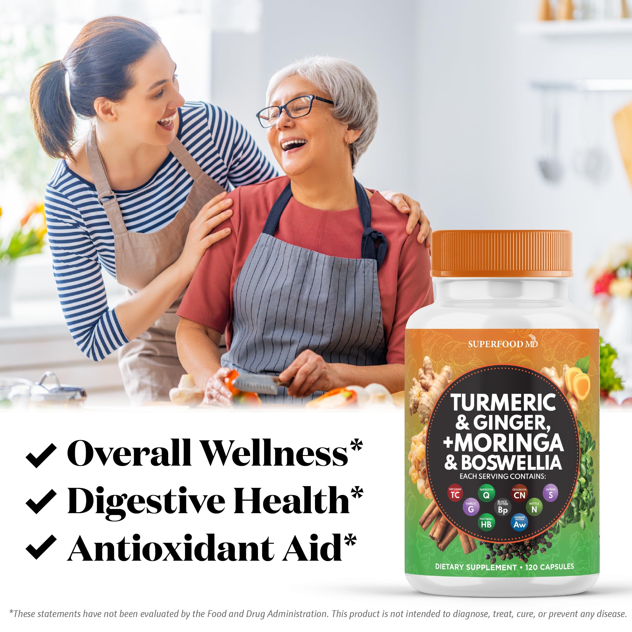 Superfood MD Moringa with Turmeric Curcumin & Ginger capsules on a table