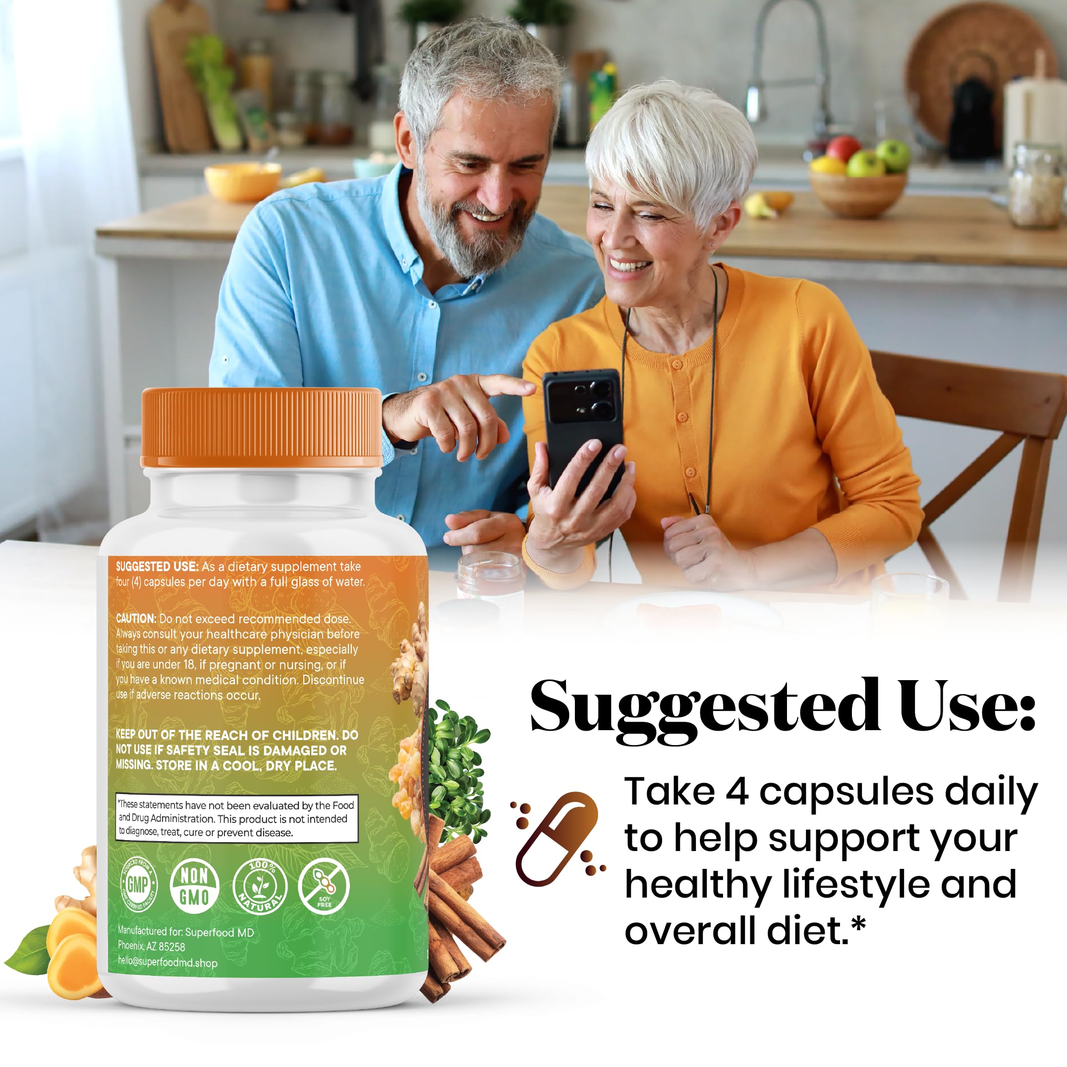 Superfood MD Moringa with Turmeric Curcumin & Ginger supplement back view