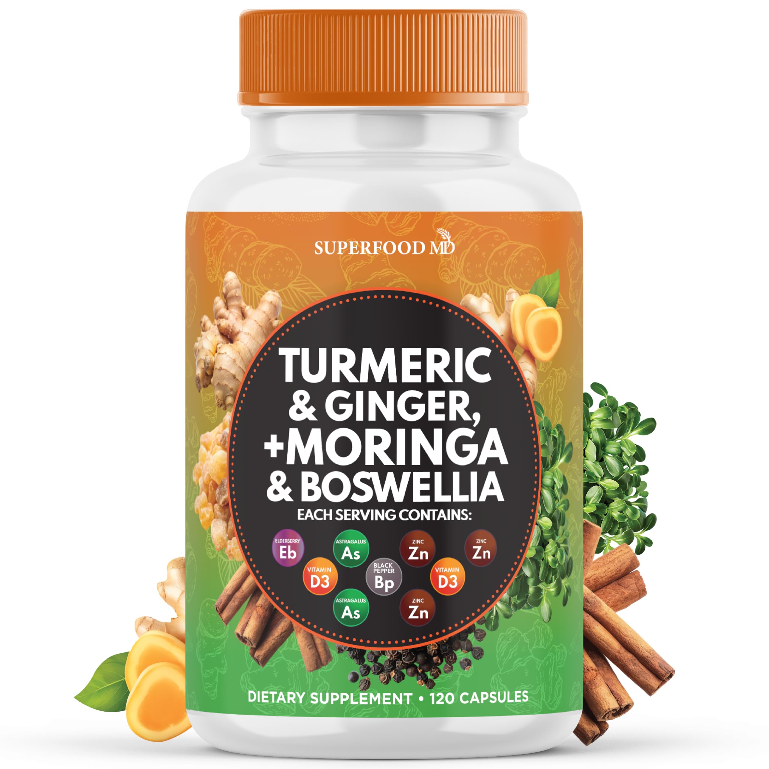 Superfood MD Moringa with Turmeric Curcumin & Ginger supplement front view