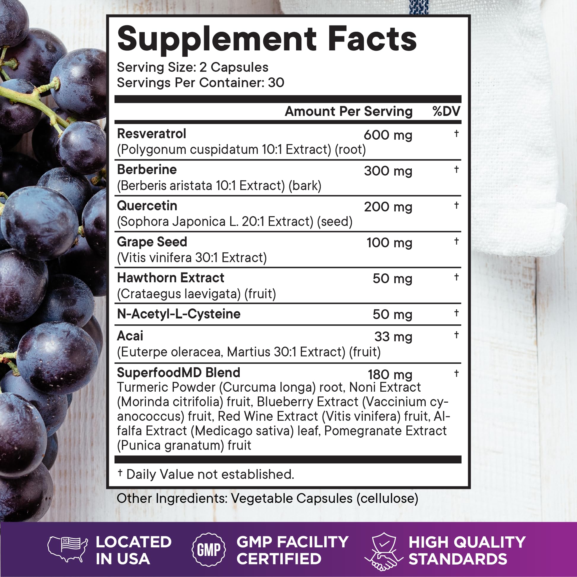 Superfood MD Noni Supplement side view showing ingredient list