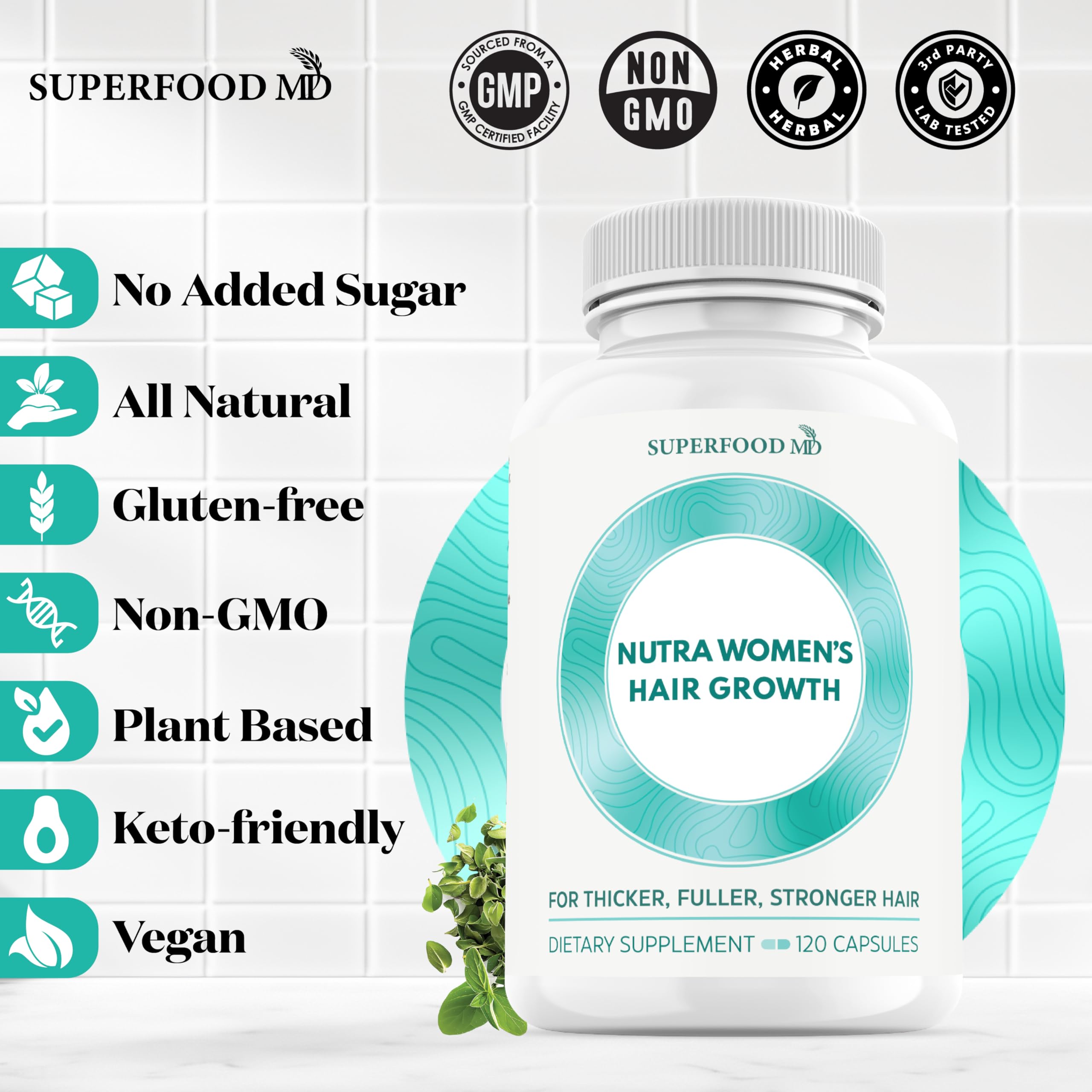 Superfood MD Nutra Women's Hair Growth Supplement displayed with lifestyle setup