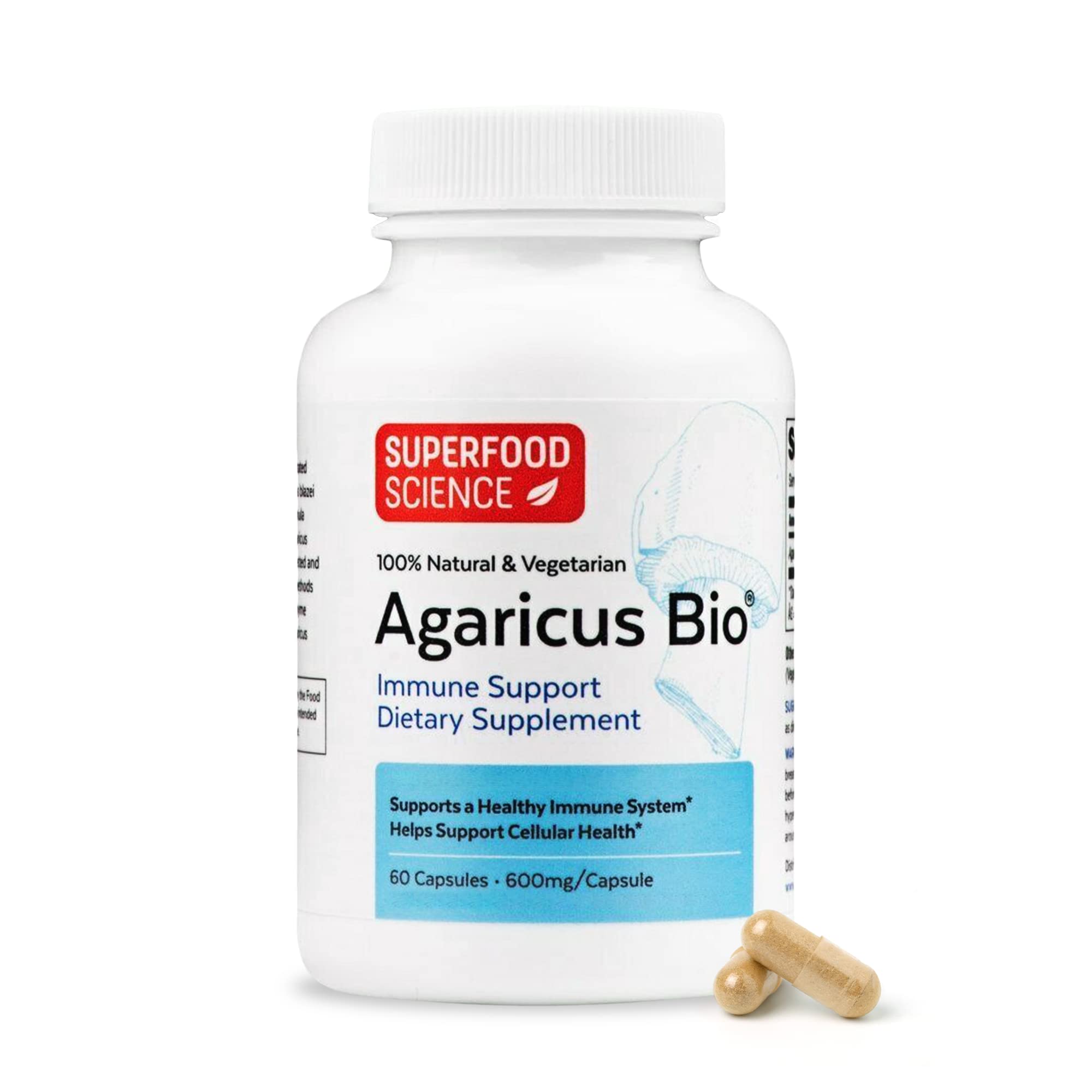 Superfood Science Agaricus Bio Mushroom Capsules 600mg front view