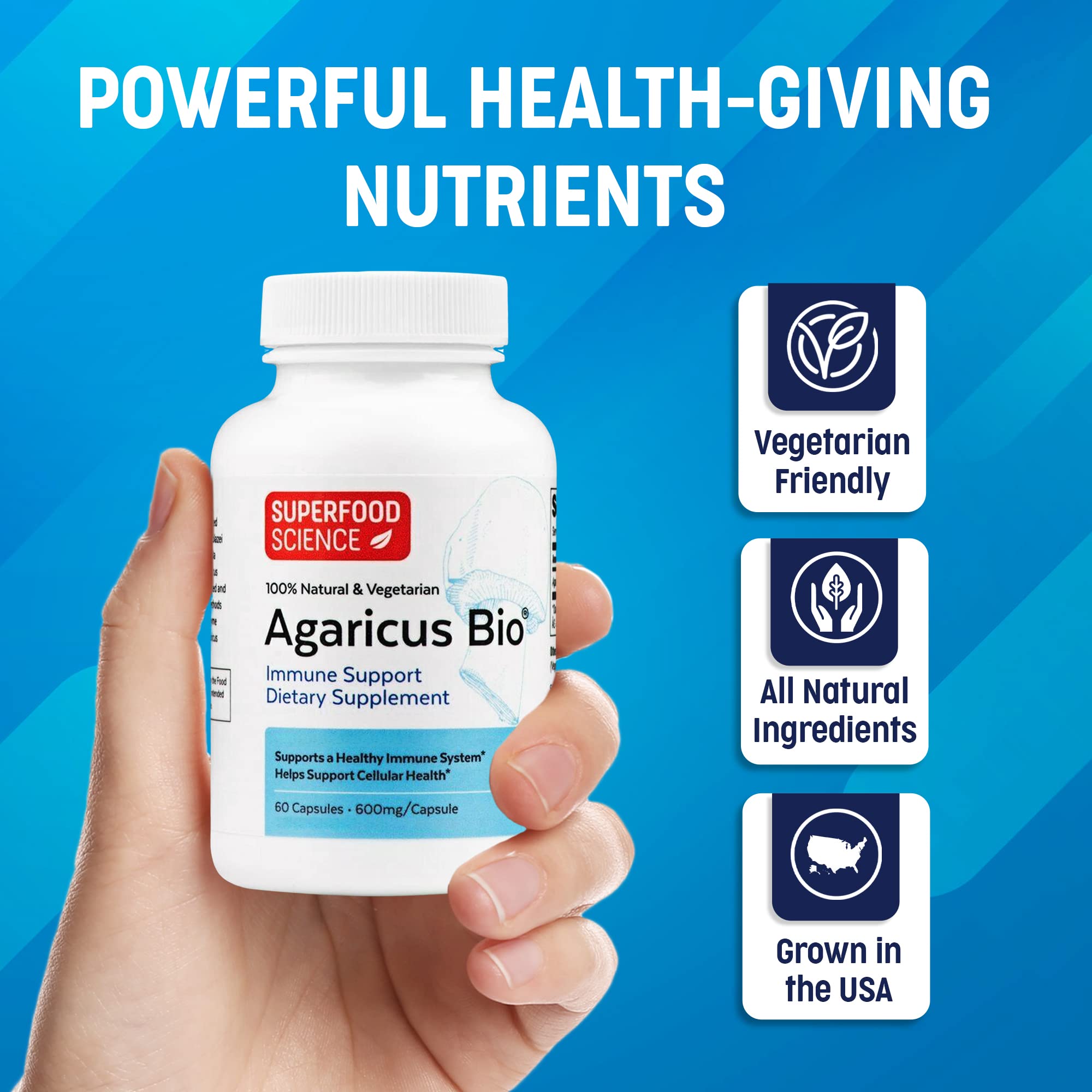 Superfood Science Agaricus Bio Mushroom Capsules 600mg opened bottle