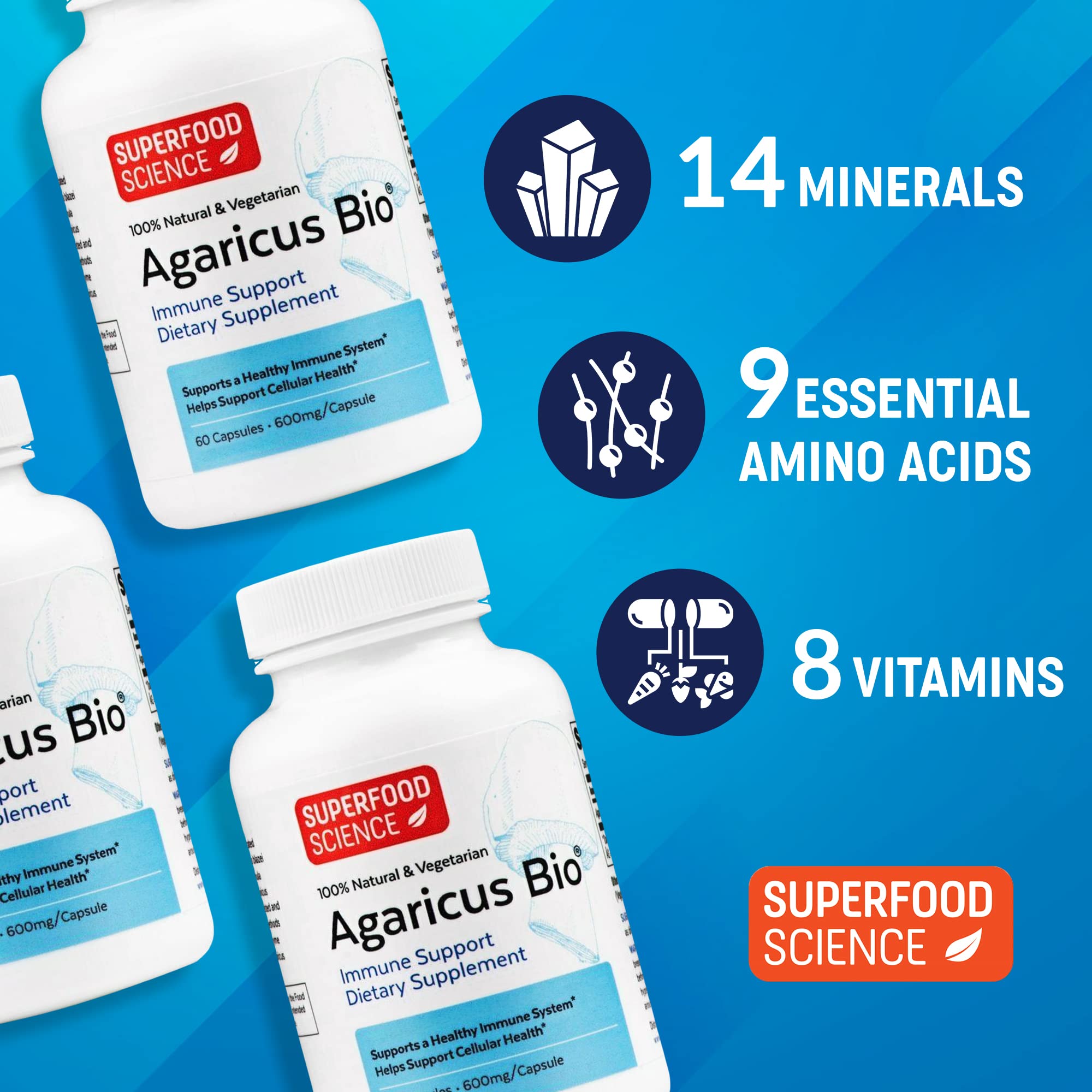 Superfood Science Agaricus Bio Mushroom Capsules 600mg packaging