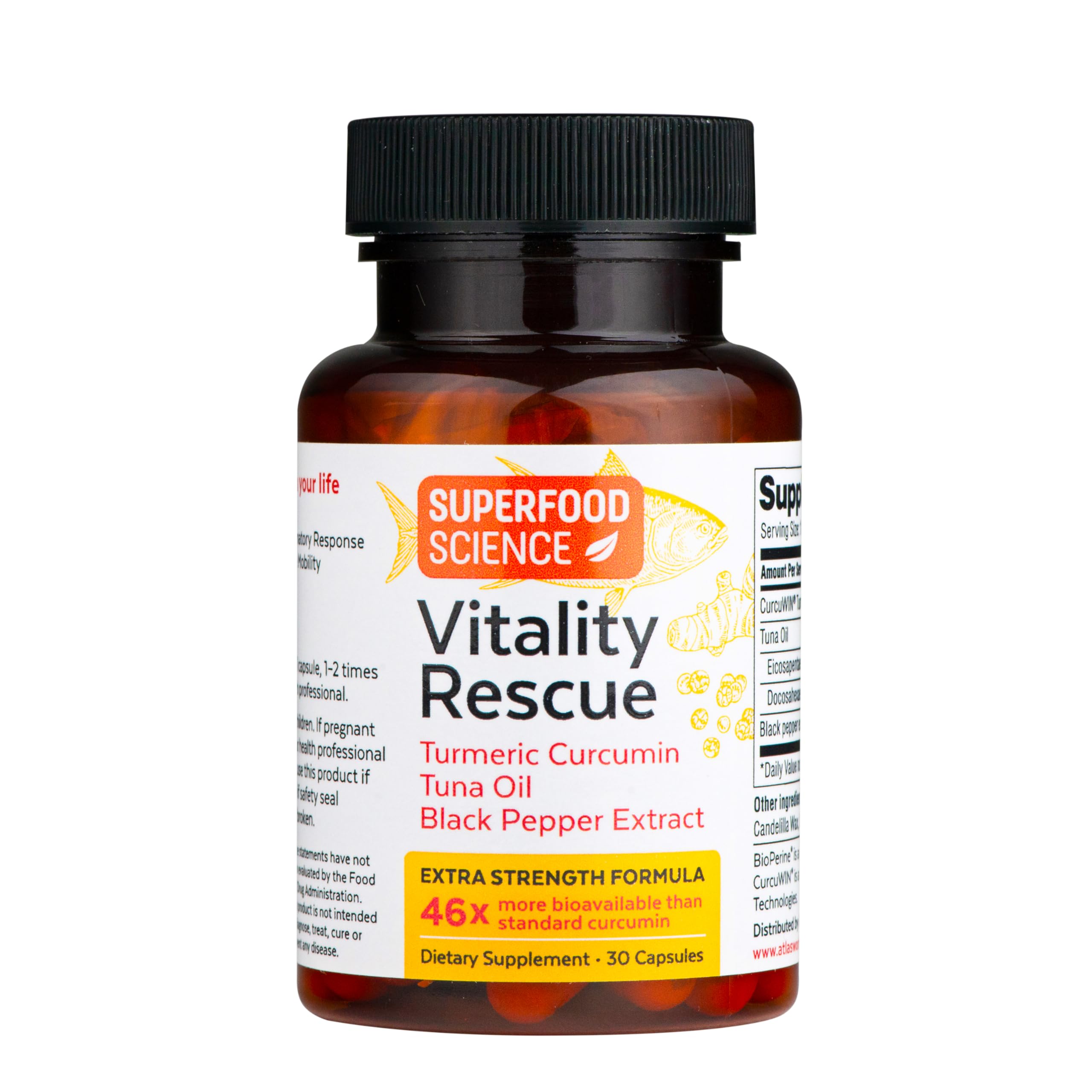 Superfood Science Vitality Rescue Omega-3 + Turmeric bottle with natural background