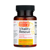 Superfood Science Vitality Rescue Omega-3 + Turmeric bottle with natural background