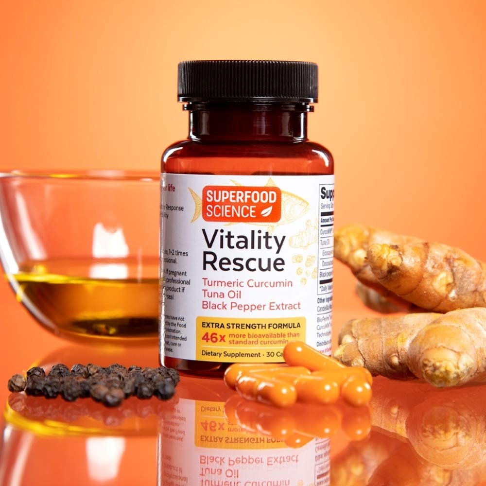 Superfood Science Vitality Rescue Omega-3 + Turmeric product on kitchen counter