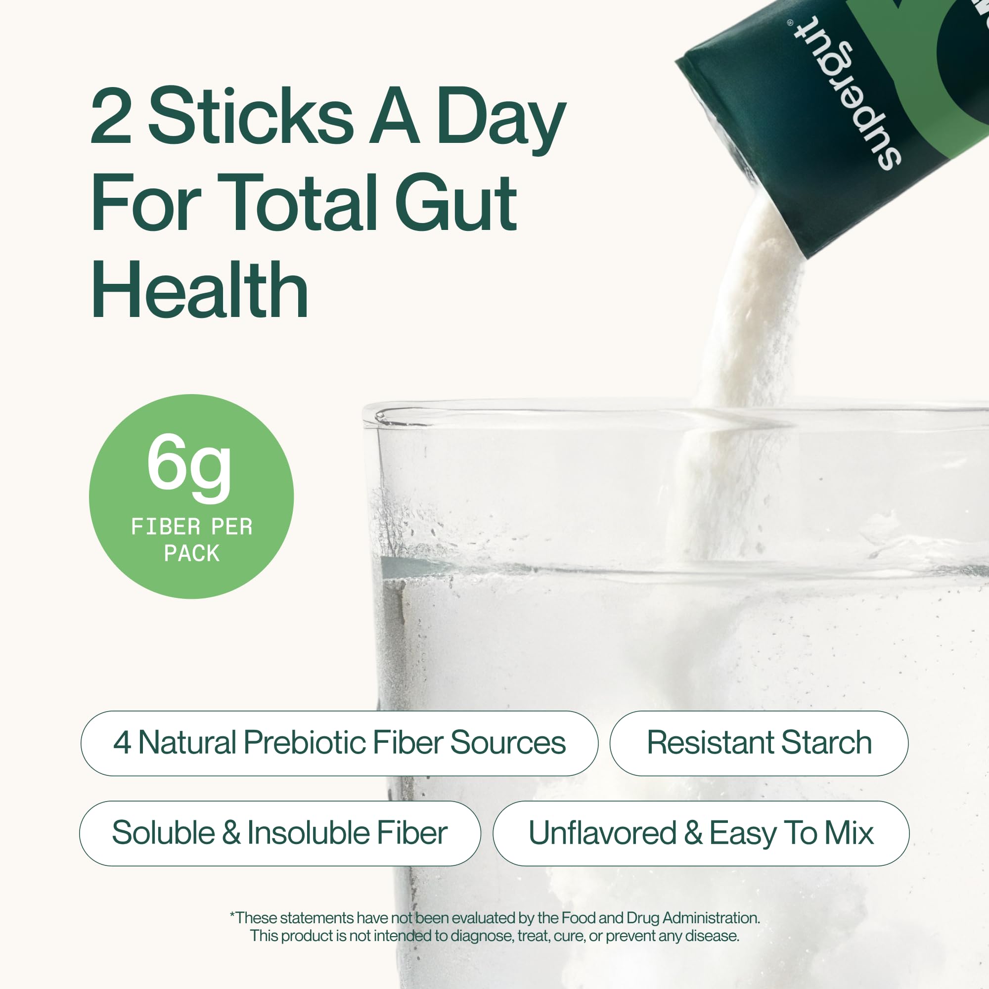 Supergut Foundational Daily Fiber 136g stick pack on a kitchen counter