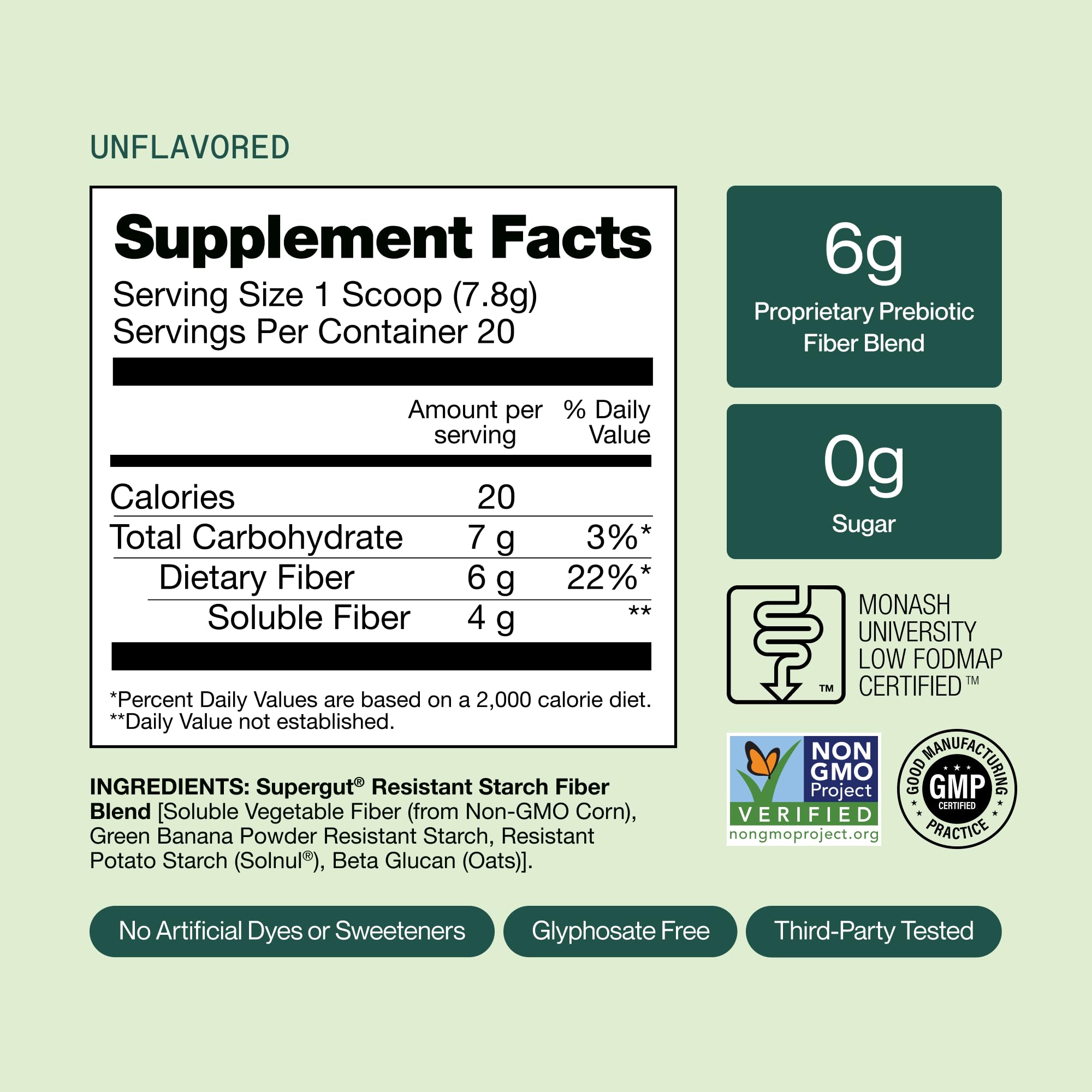 Supergut Prebiotic Fiber Supplement nutritional facts close-up