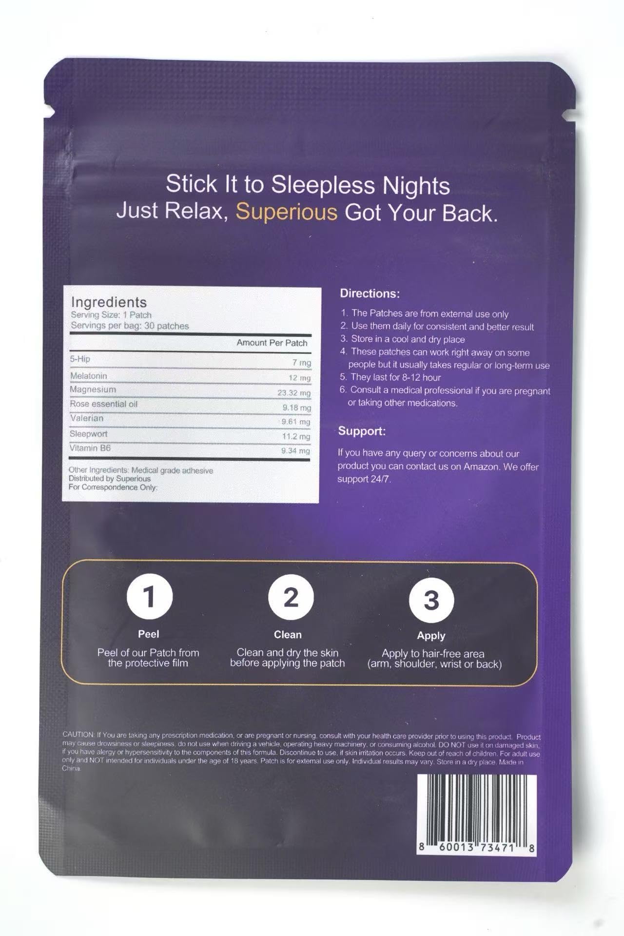 Superious Sleep Patches with ingredients listed