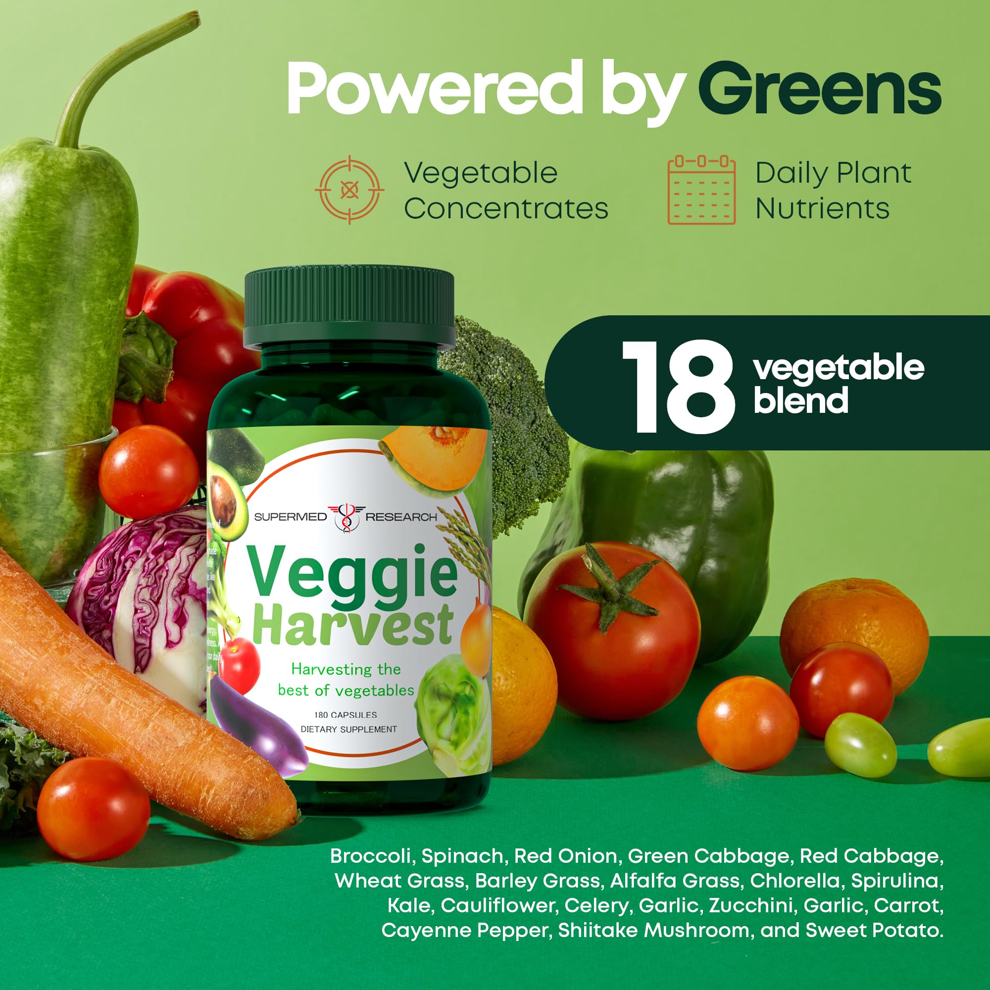 Supermed Research Veggie Harvest supplement bottle side view