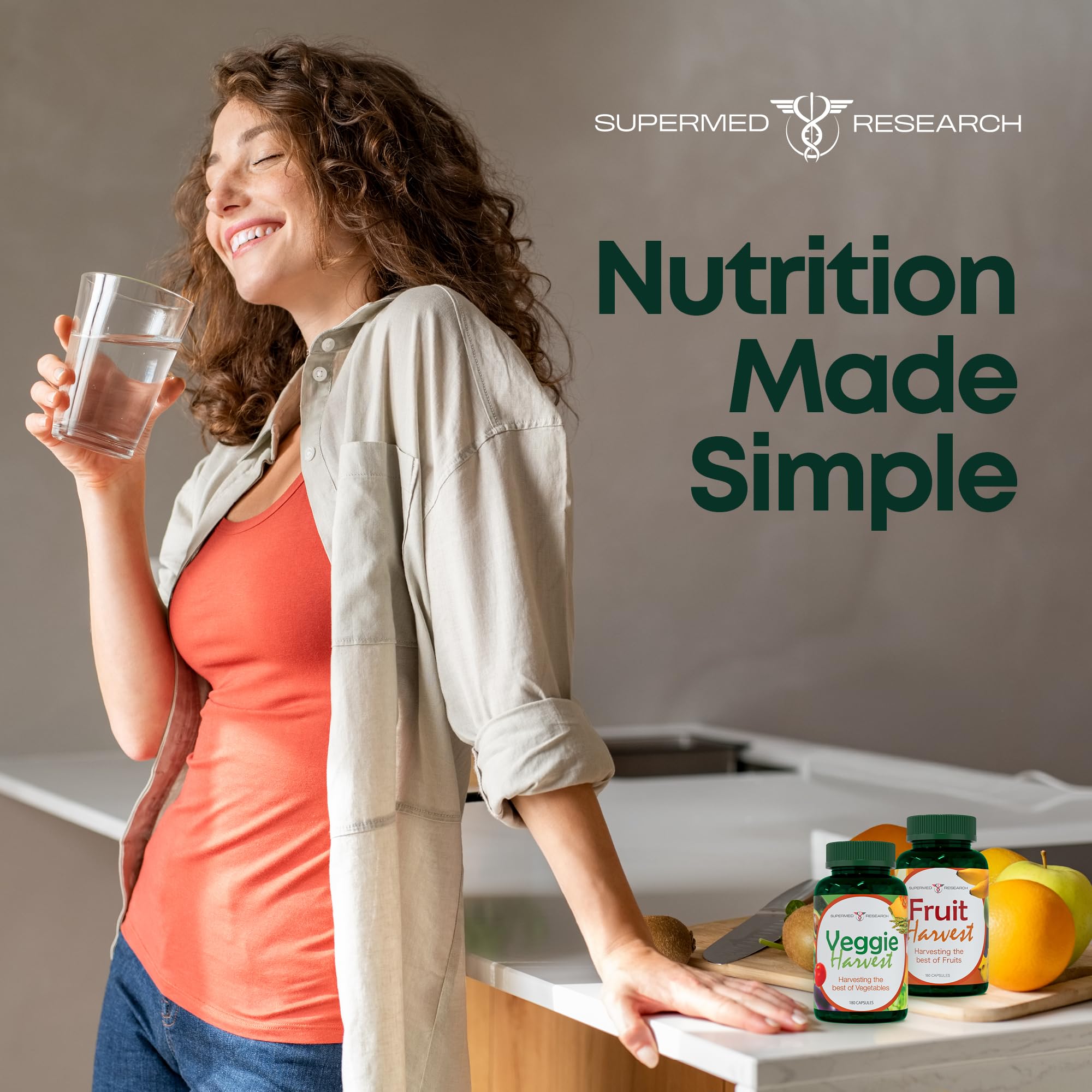 Supermed Research Veggie Harvest supplement with fresh vegetables