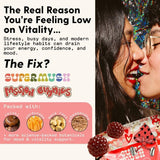 SuperMush Daily Passion Gummies displayed on a wooden table