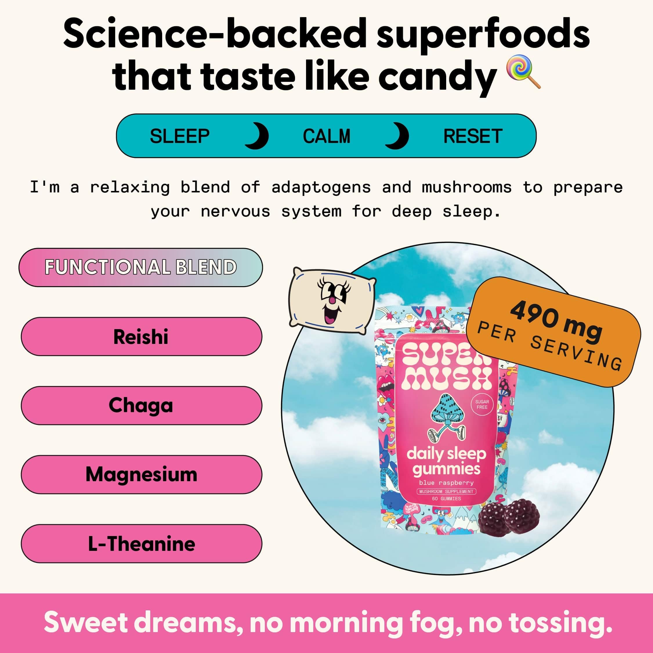 SuperMush Daily Sleeping Gummies back view with ingredient list
