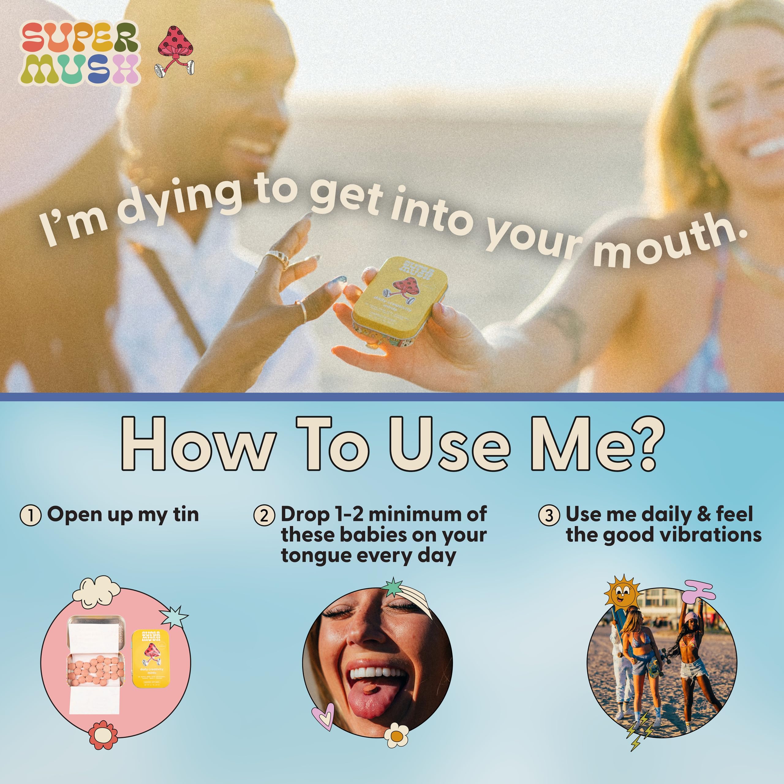 SuperMush Mushroom Mints displayed on a wooden table