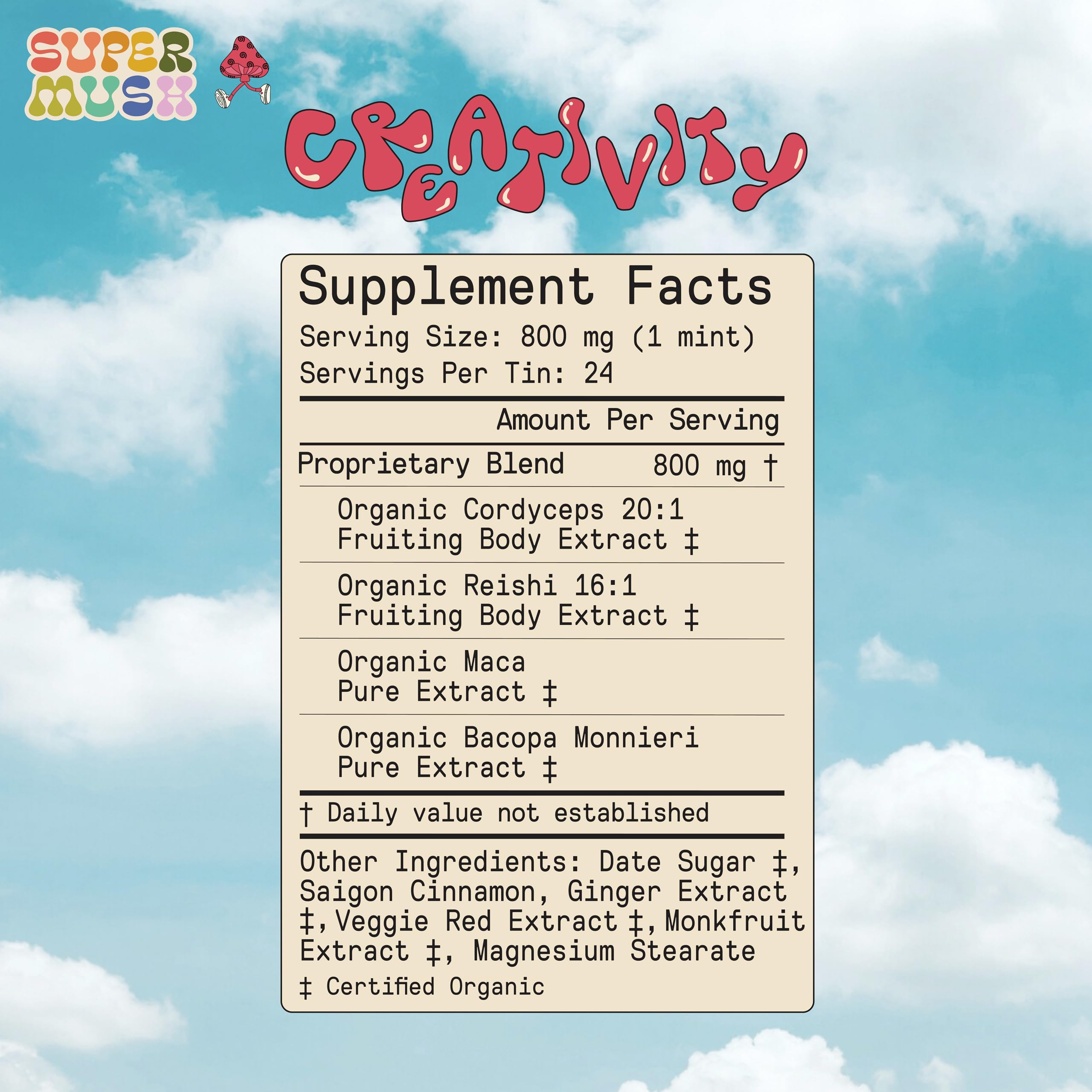SuperMush Mushroom Mints with ingredients list on packaging