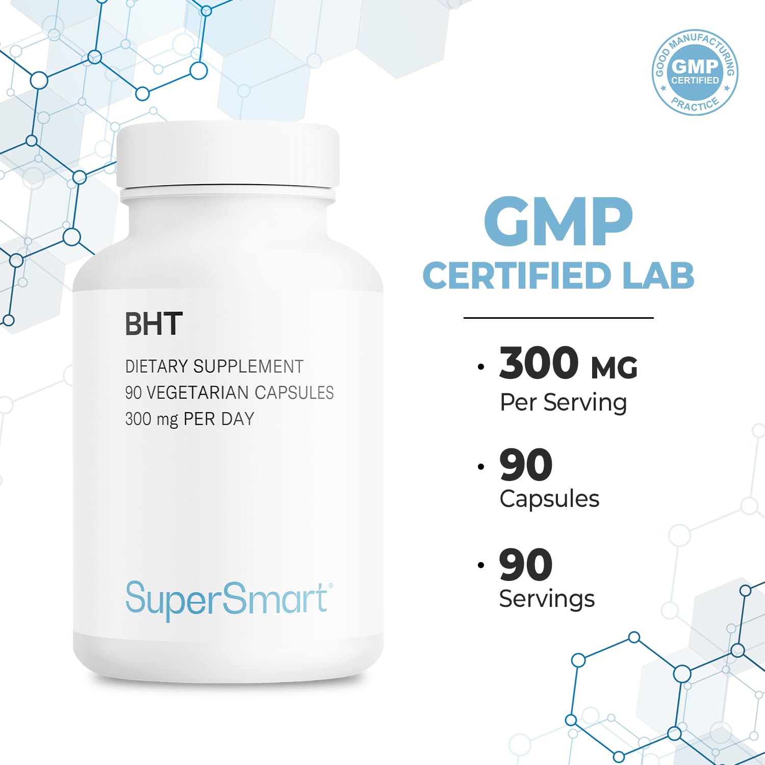 Supersmart BHT Supplement bottle with capsules on a table