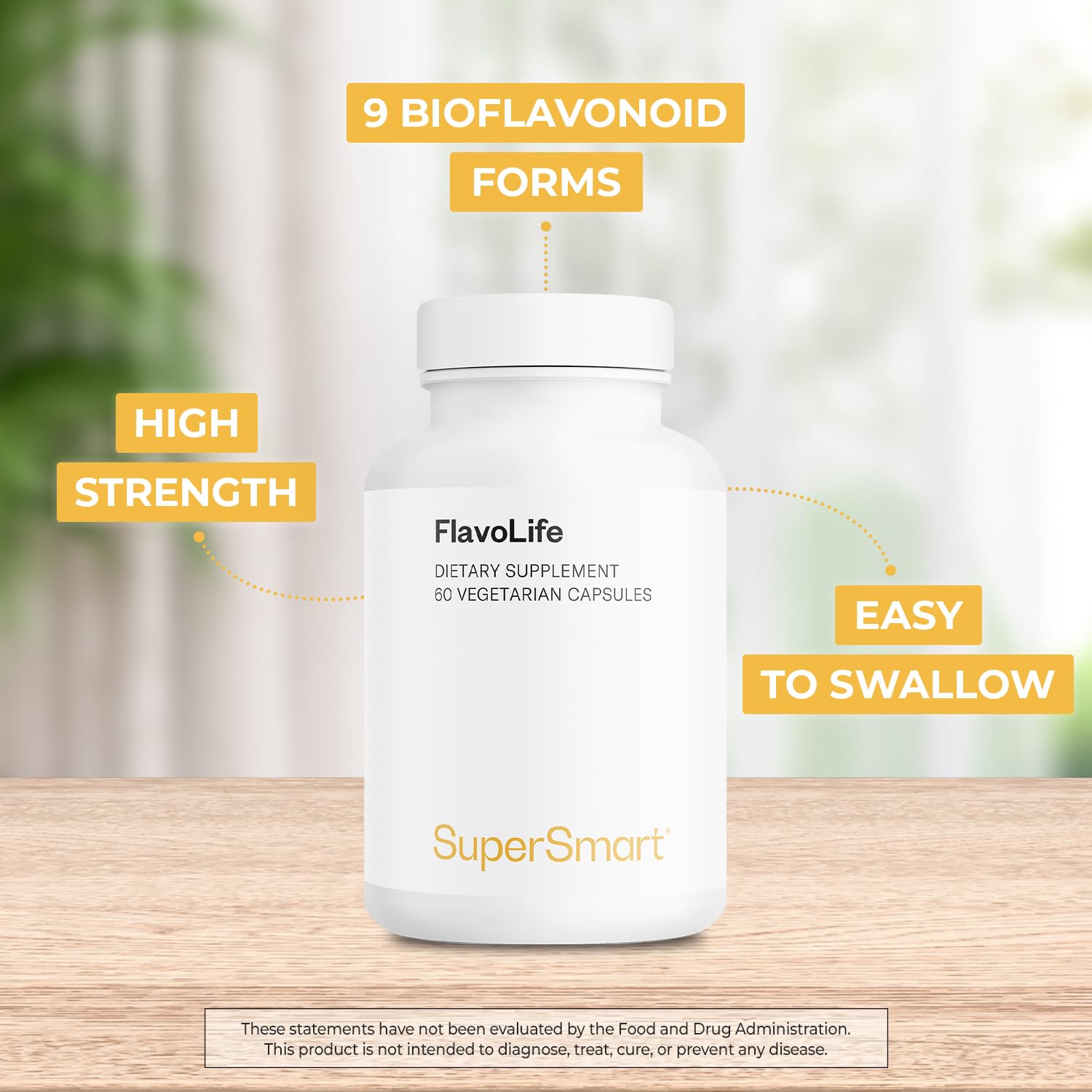 Supersmart Bioflavonoid Complex Supplement capsules on a wooden table