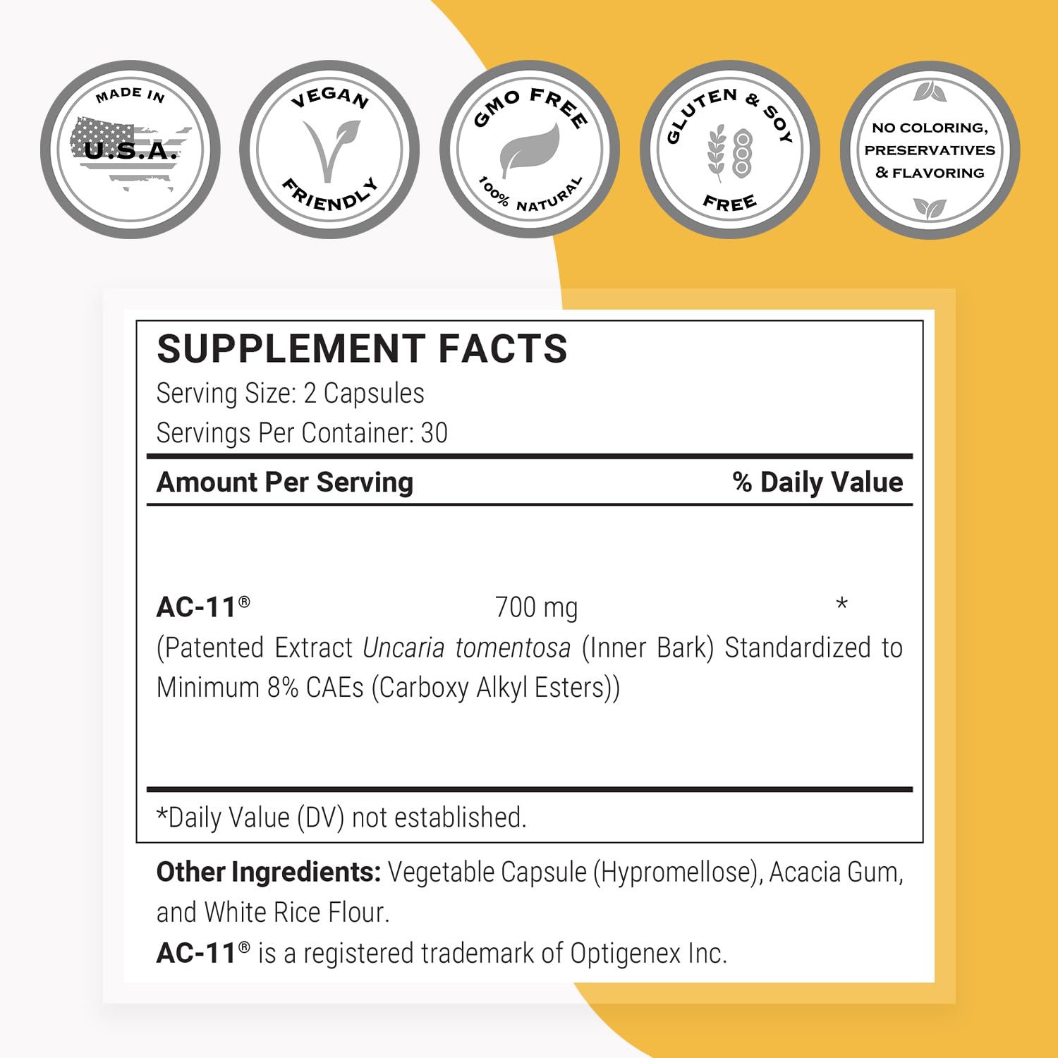 Supersmart Cat's Claw Supplement 350mg AC-11 Capsules bottle with label