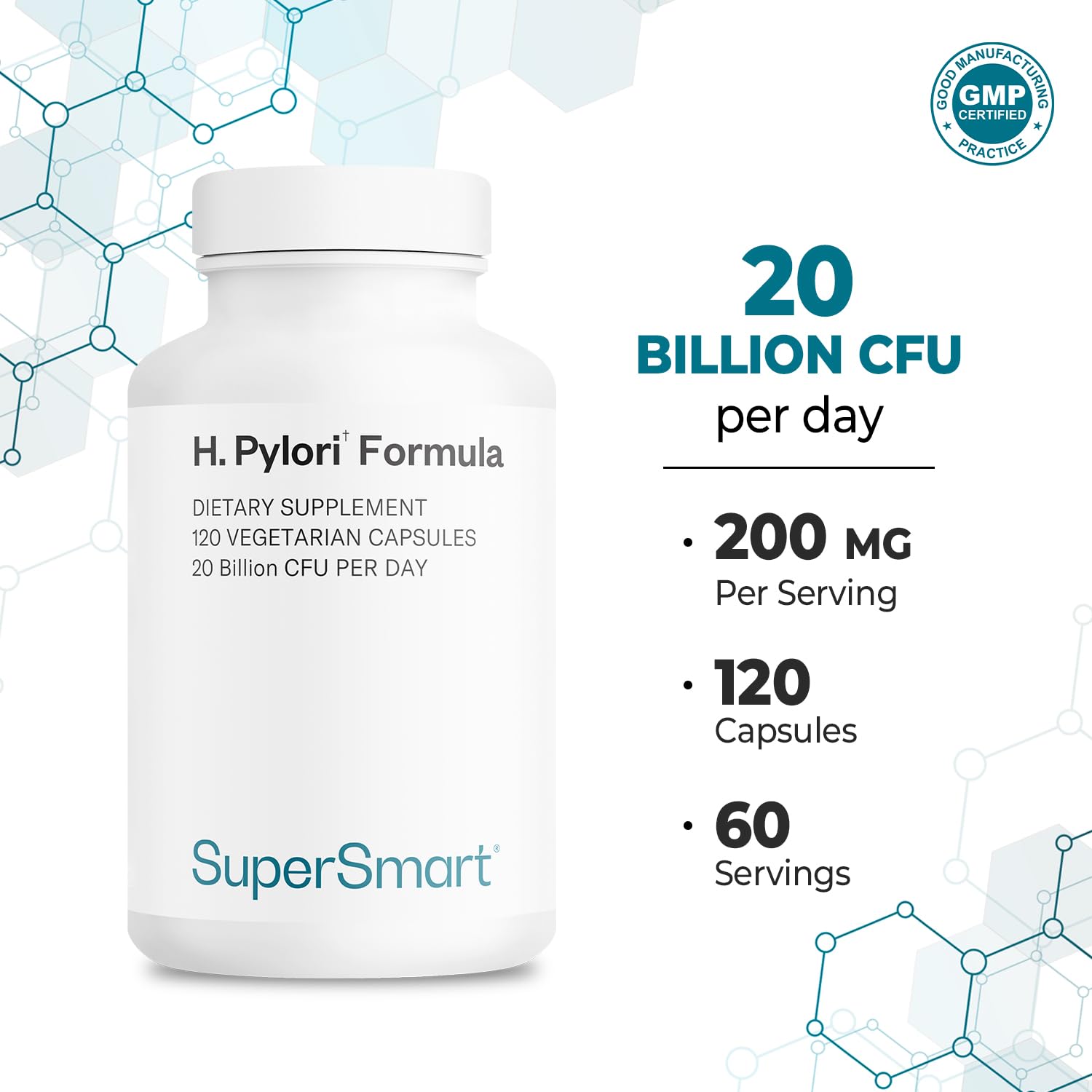 Supersmart H Pylori Formula Probiotic Supplement capsules on a table