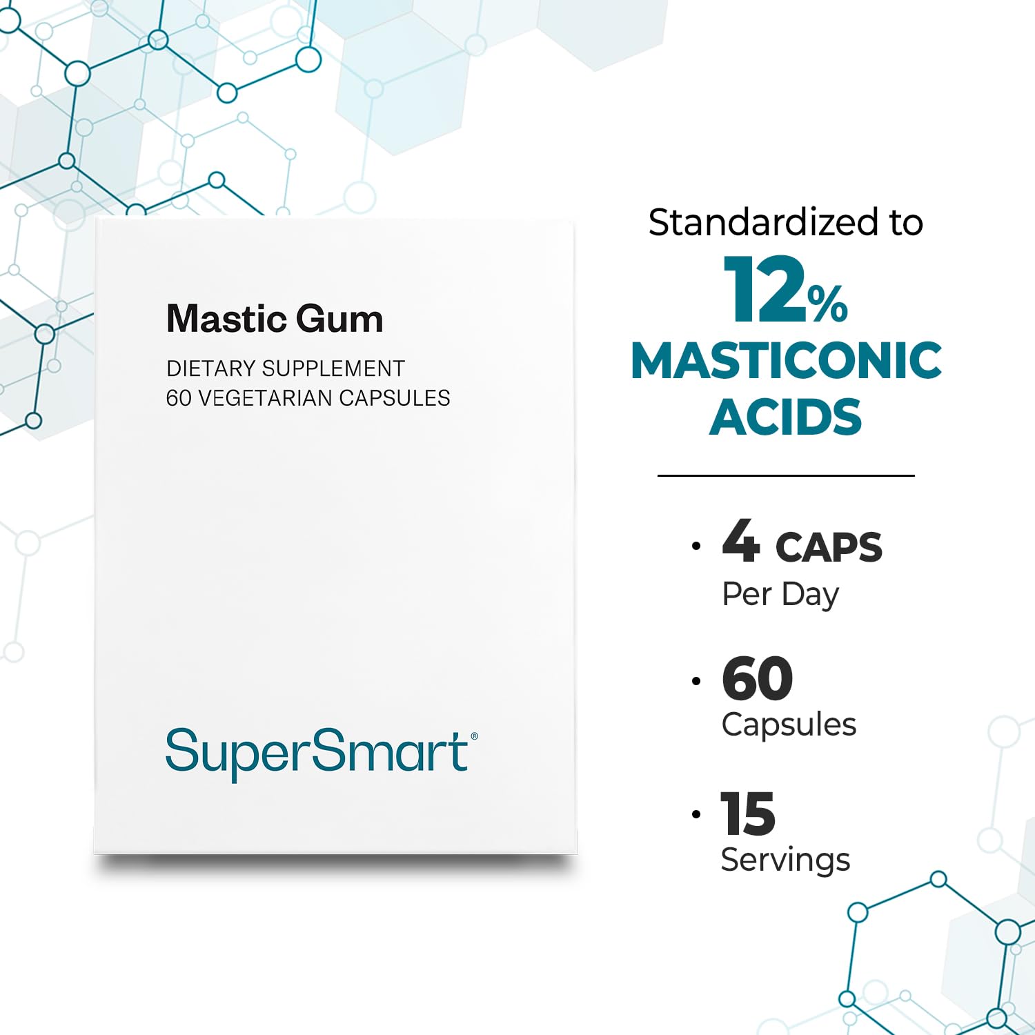Supersmart Mastic Gum Capsules 500mg with a measuring spoon for dosage