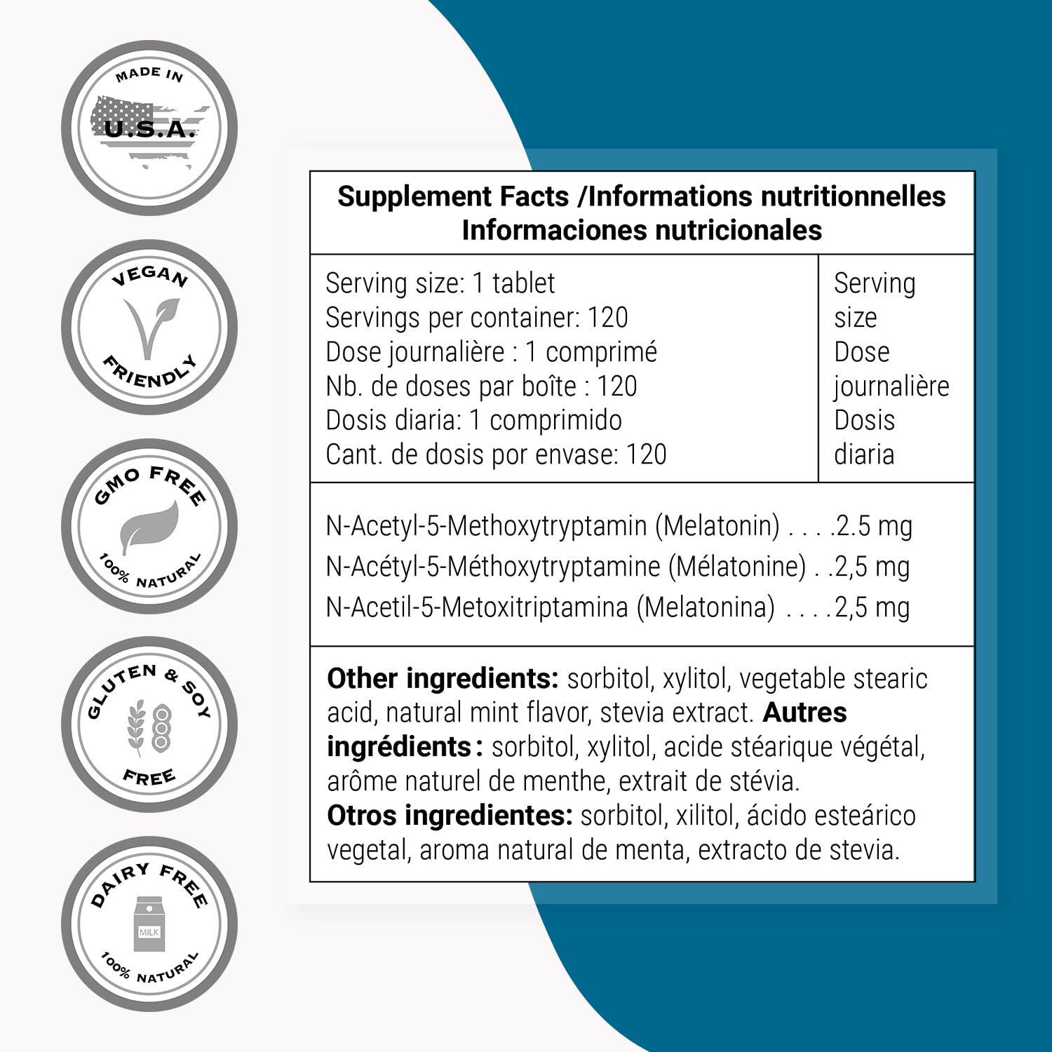 Supersmart Melatonin 2.5mg tablets on a wooden surface