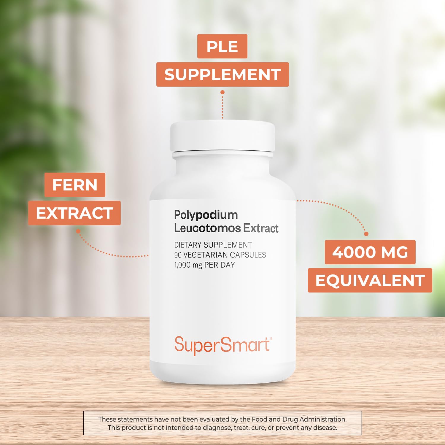 Supersmart Polypodium Leucotomos Supplement capsules on a wooden table
