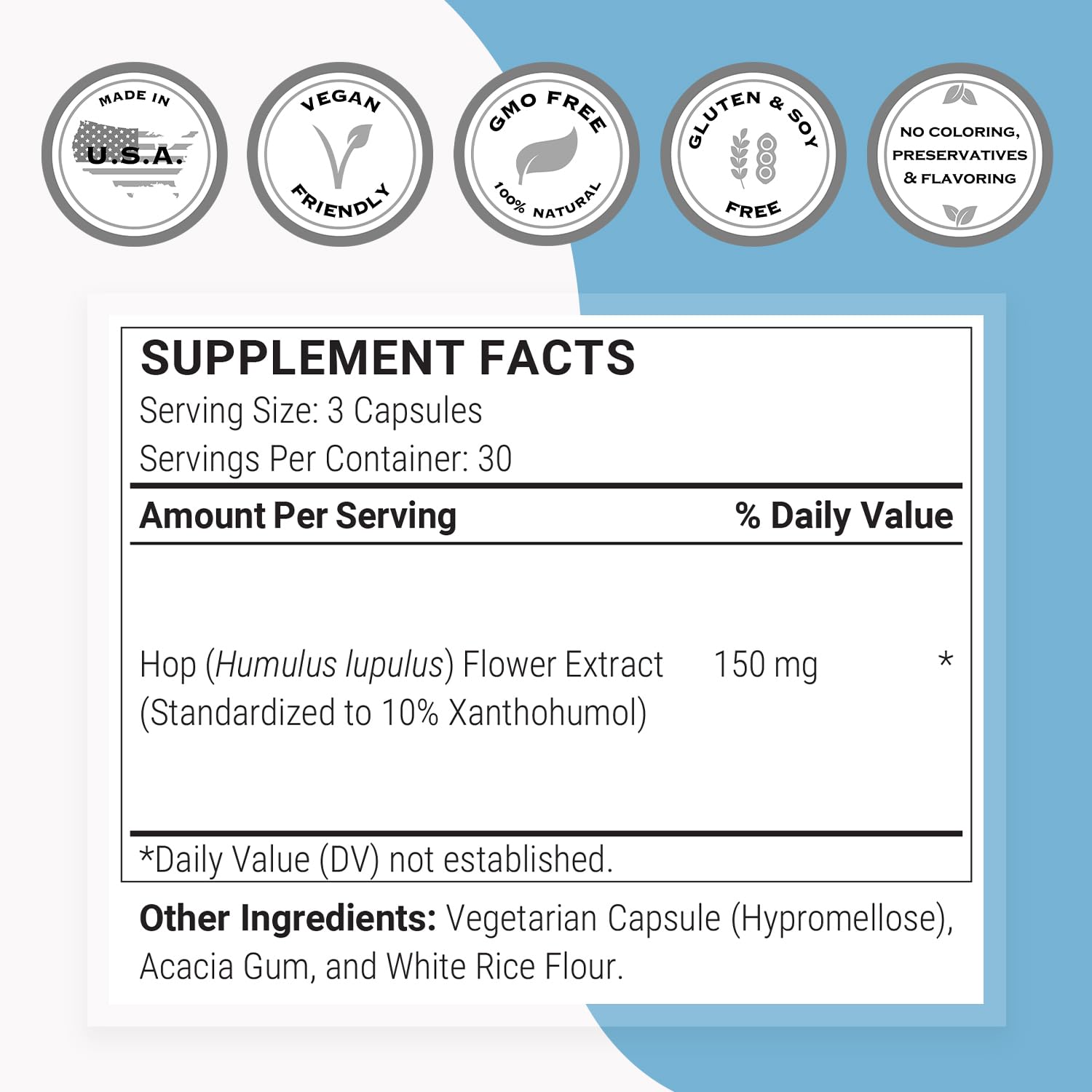 Supersmart Xanthohumol Hops Supplements back view with ingredient list