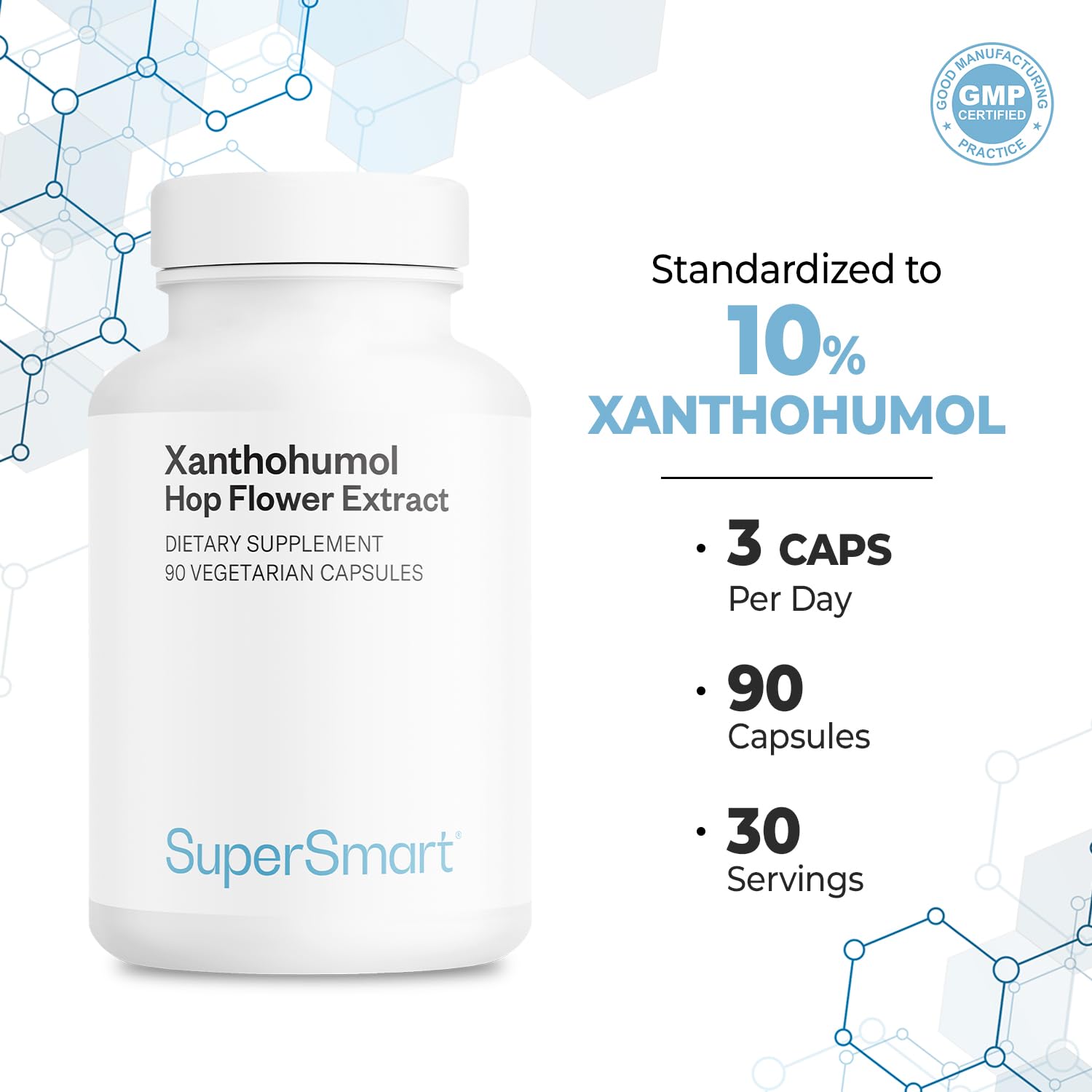 Supersmart Xanthohumol Hops Supplements displayed on a wooden table