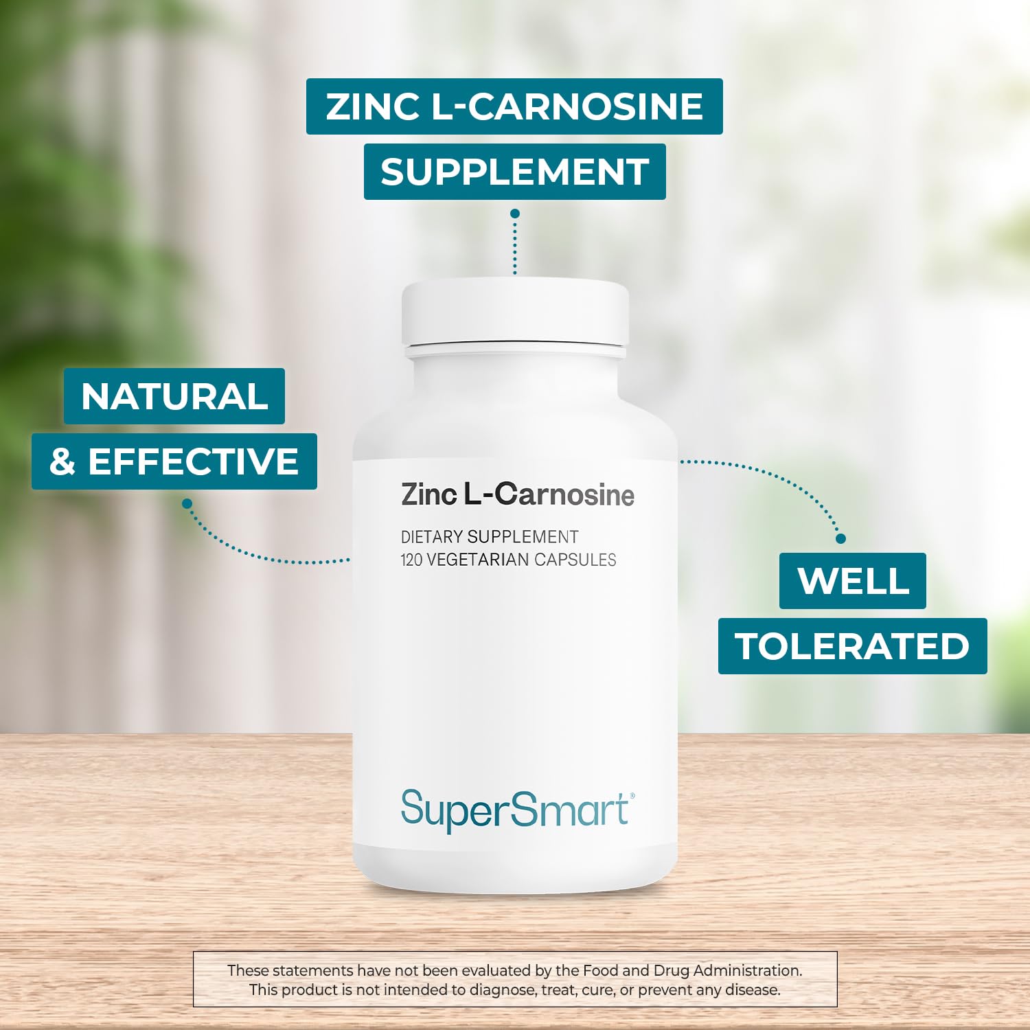 Supersmart Zinc L Carnosine supplement side view with dosage details