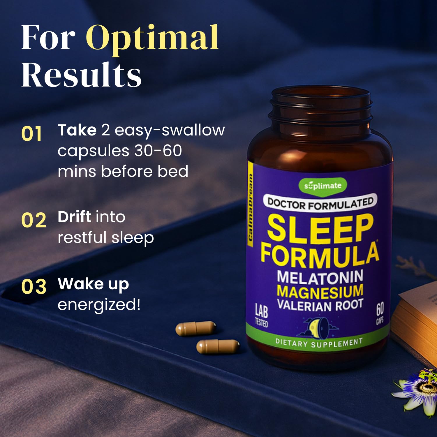 SUPLIMATE Sleep Supplement Capsules in a hand for size comparison
