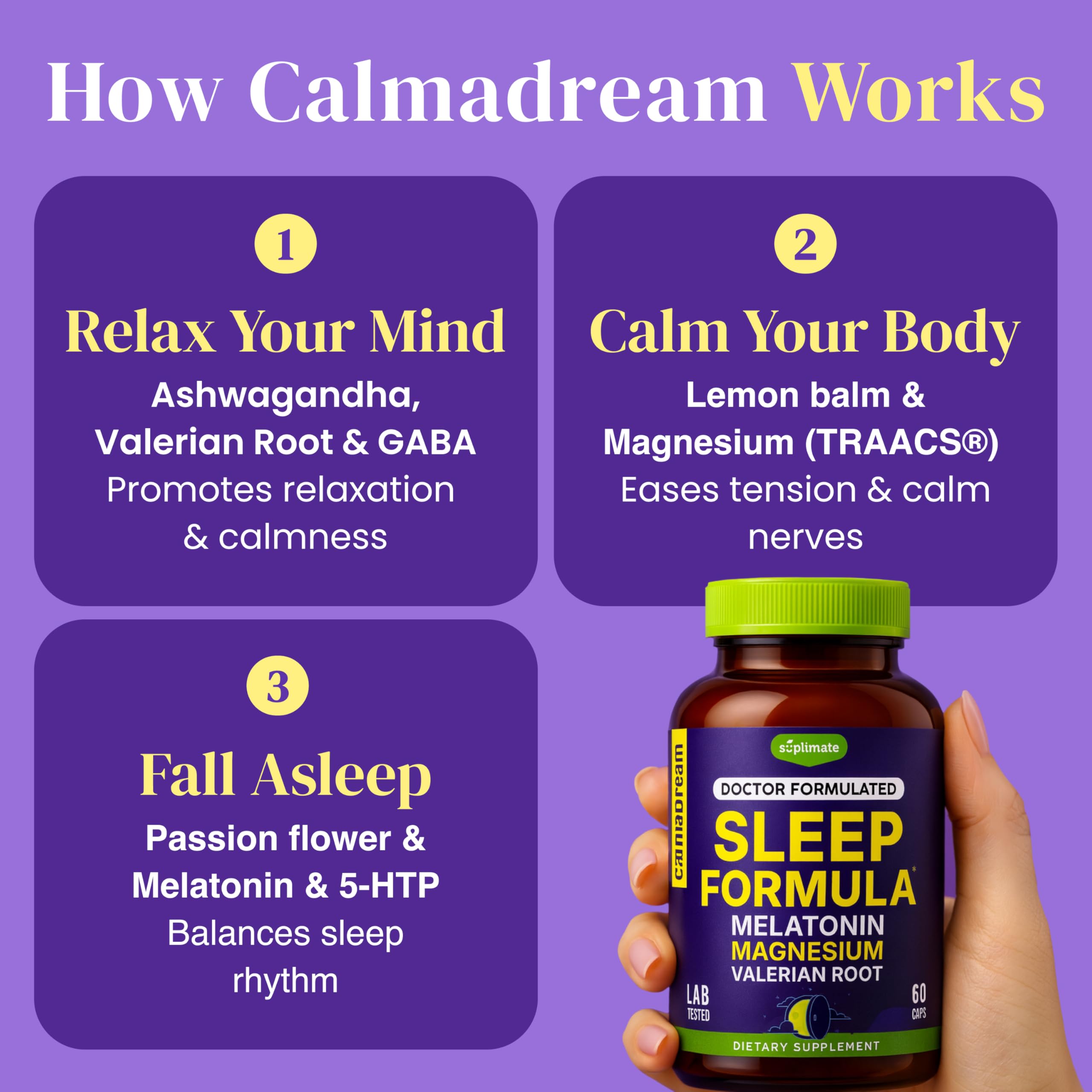 SUPLIMATE Sleep Supplement Capsules side view showing ingredients