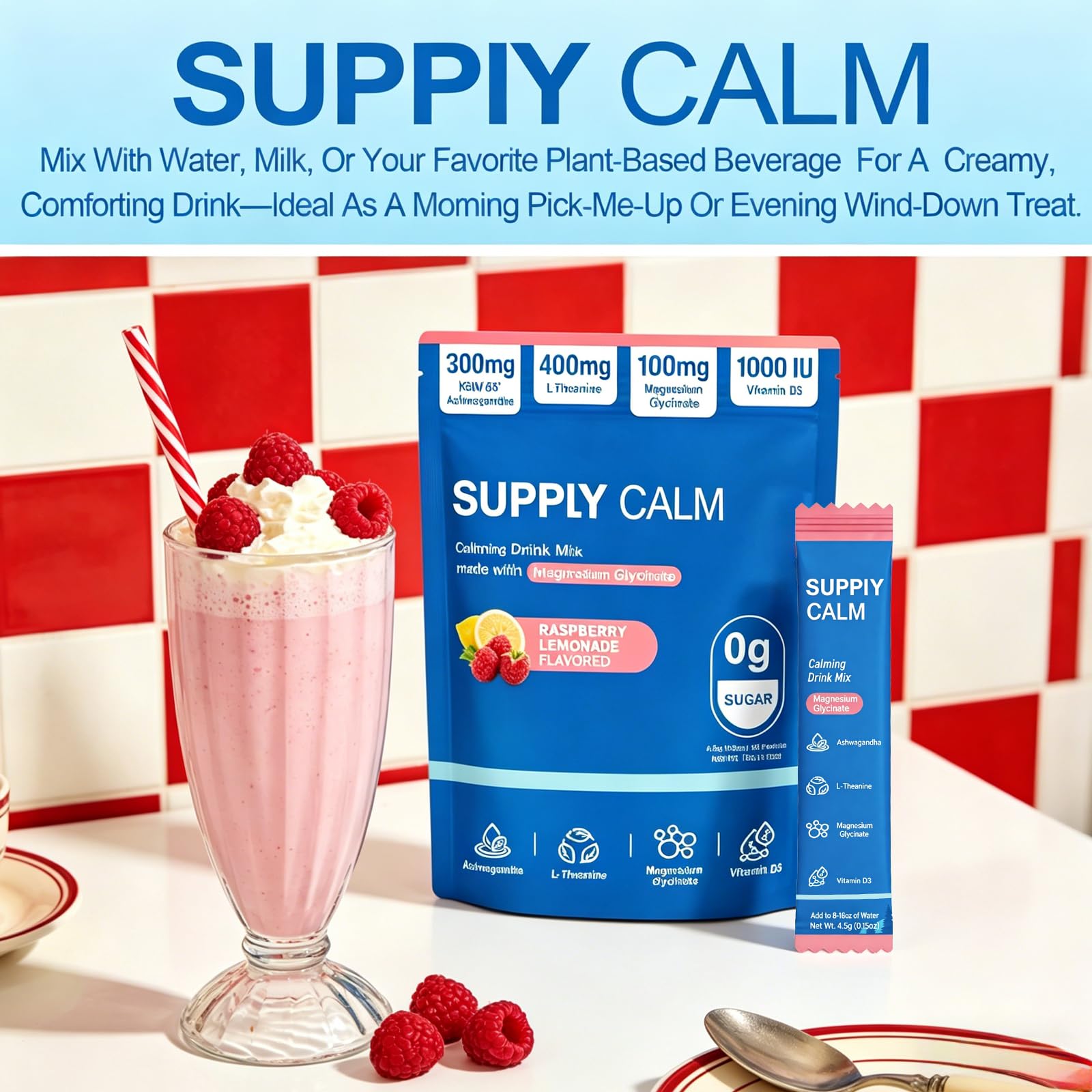 SUPPIY CALM Magnesium Glycinate Powder Drink Mix on a kitchen counter