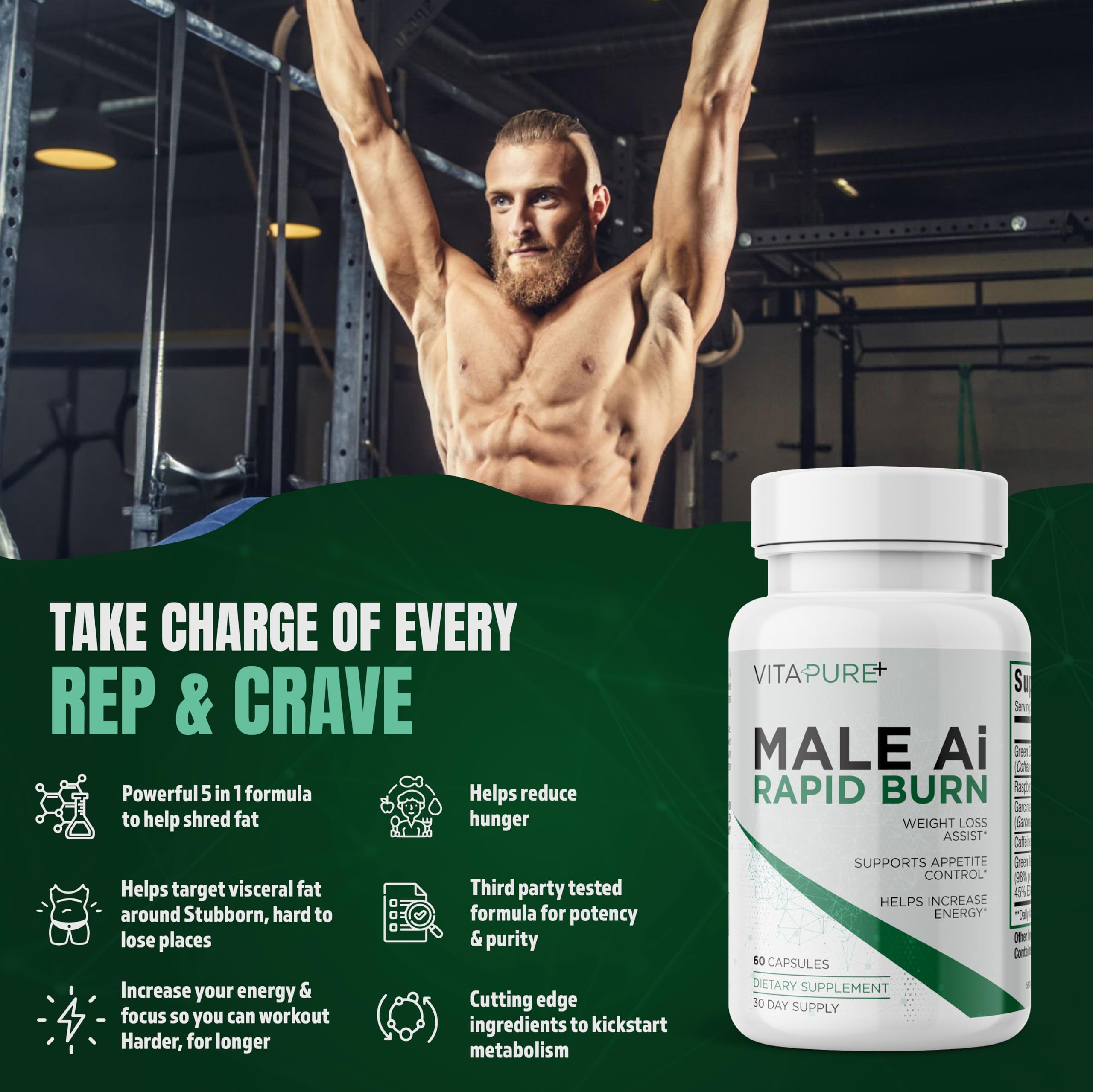 Supplement Universe Male AI Rapid Burn lifestyle scene with gym gear