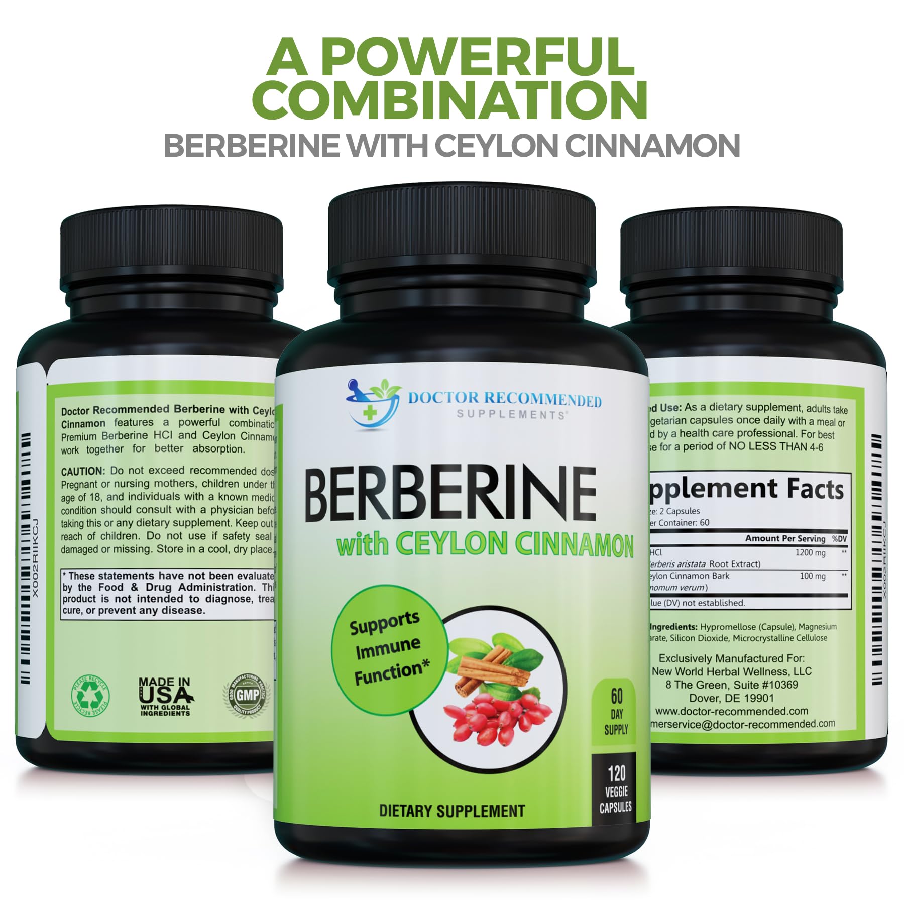 SUPPLEMENTS Berberine & Ceylon Cinnamon capsules on a wooden table