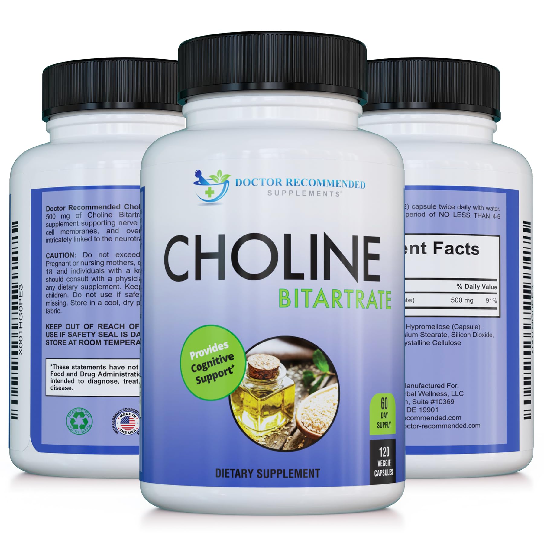 SUPPLEMENTS Choline 500mg Capsules on a wooden table