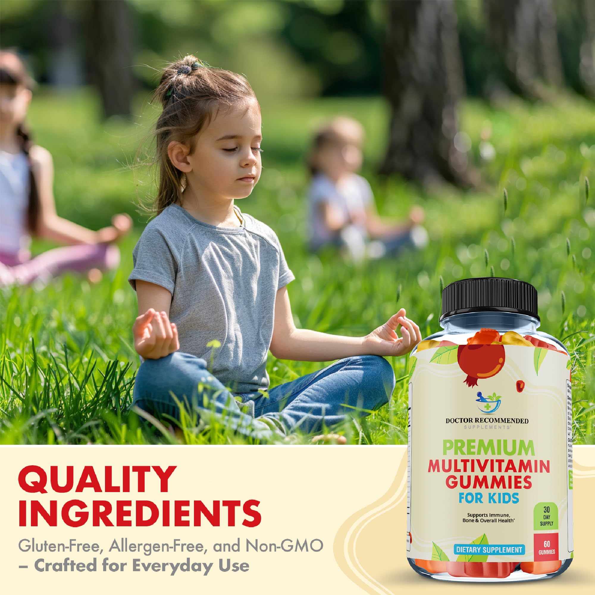 SUPPLEMENTS Kids Multivitamin Gummies on a kitchen counter