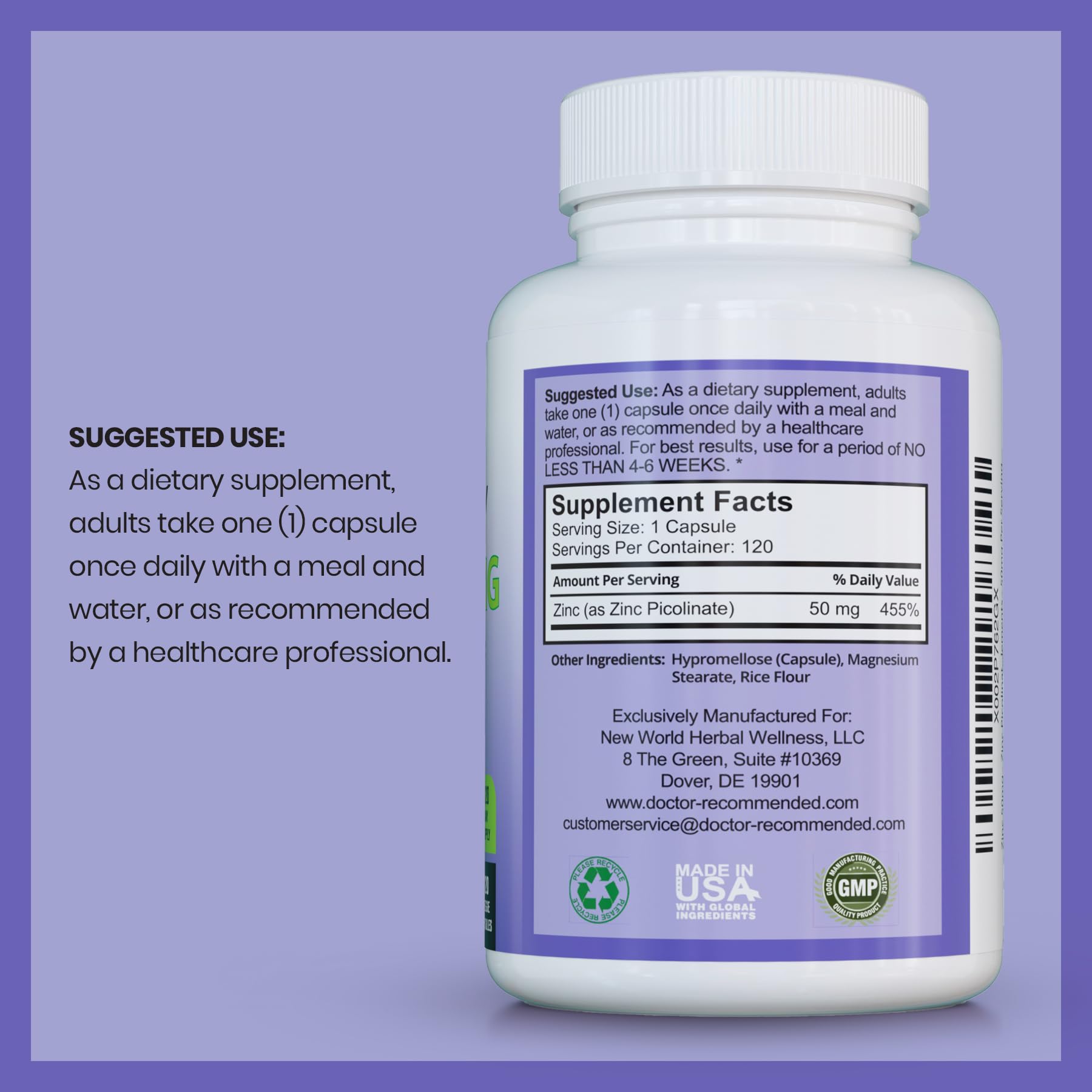 SUPPLEMENTS Zinc Picolinate 50mg bottle with label