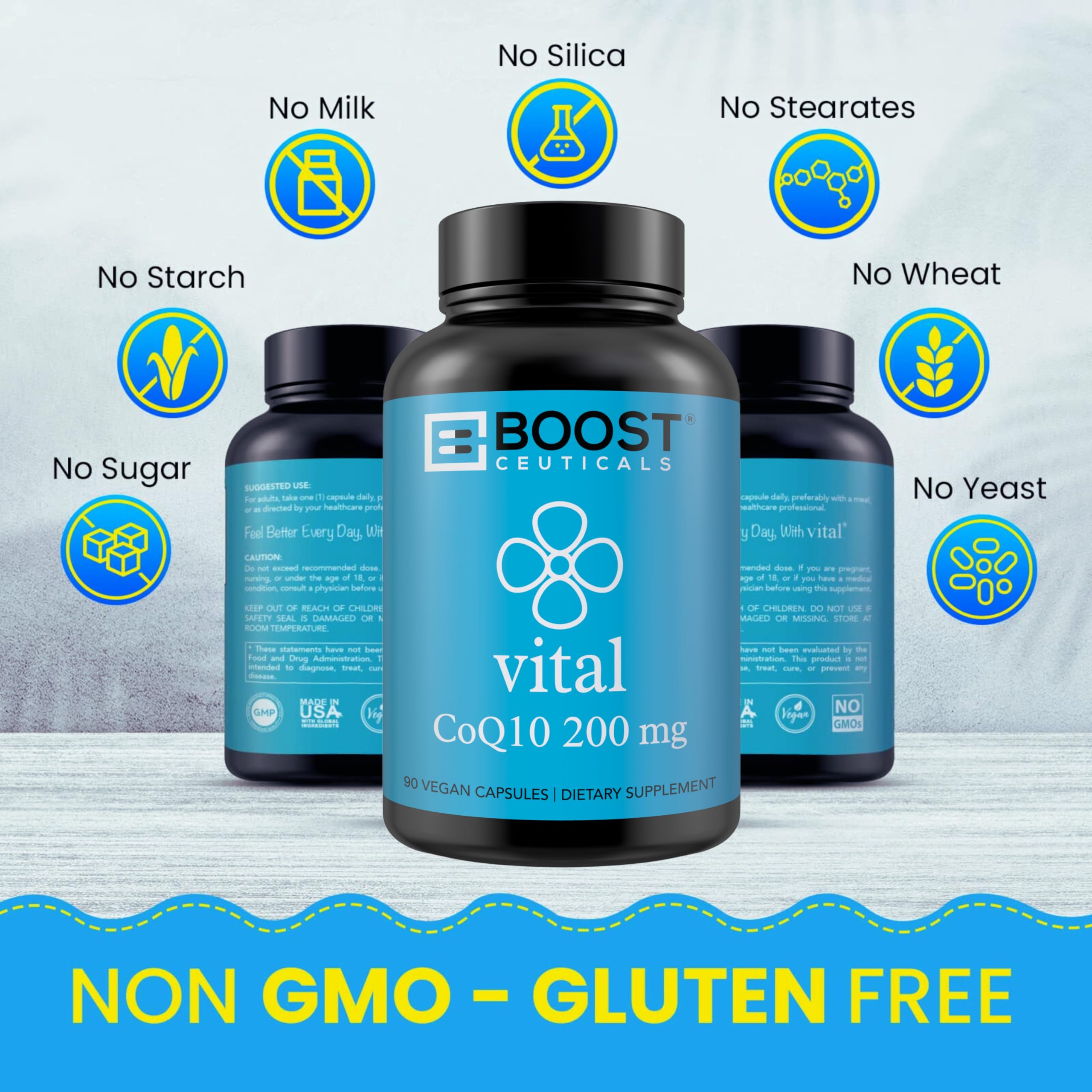 support CoQ10 200MG Ubiquinone Capsules on a wooden table