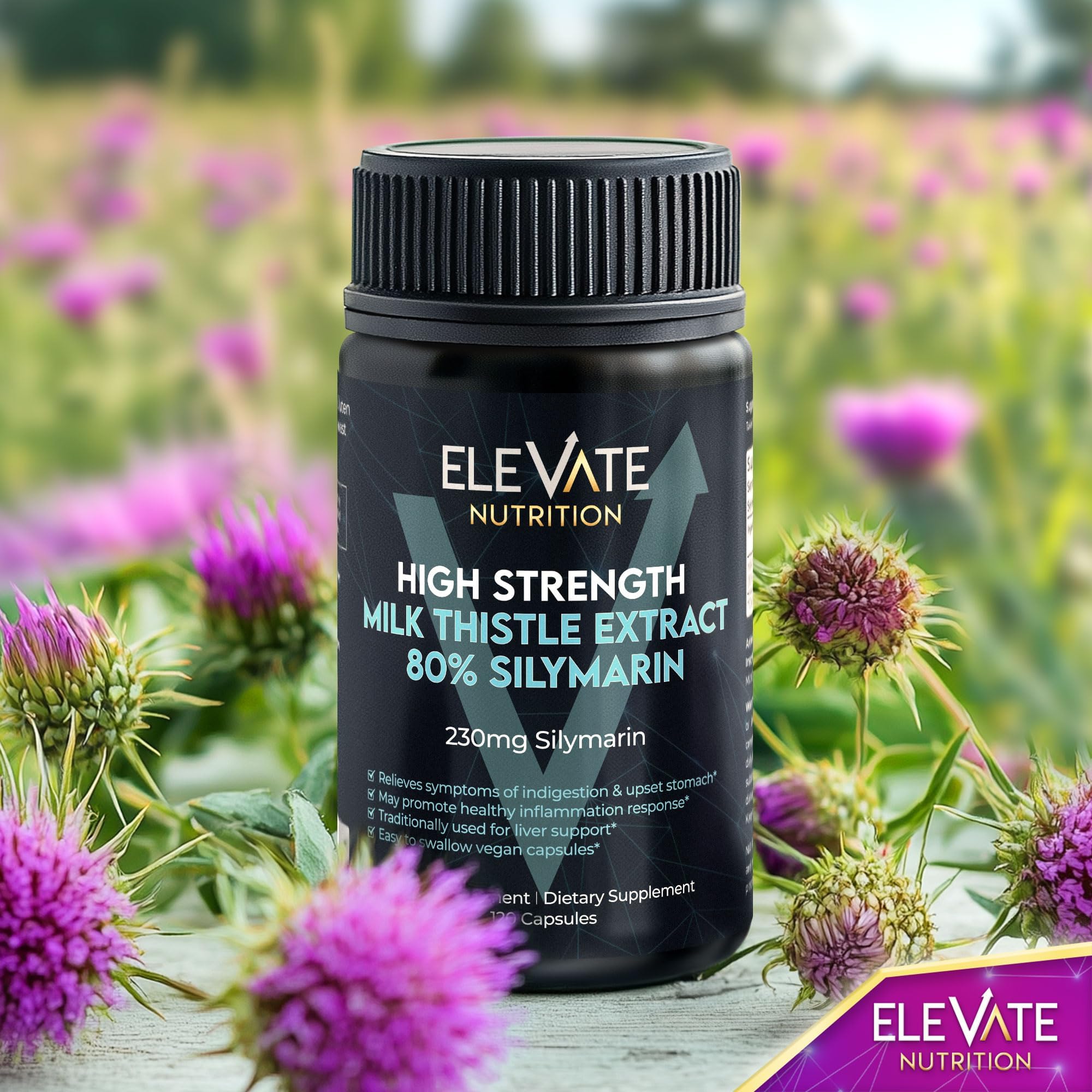 support NUTRITION Milk Thistle Supplement capsules next to a glass of water