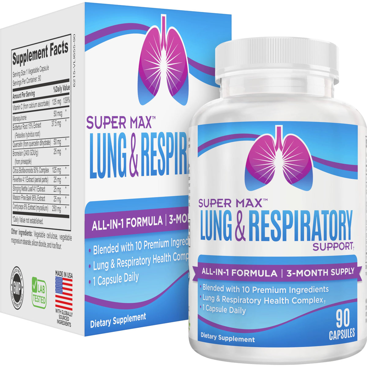 support use Supplements SuperMax Lung Support bottle front view