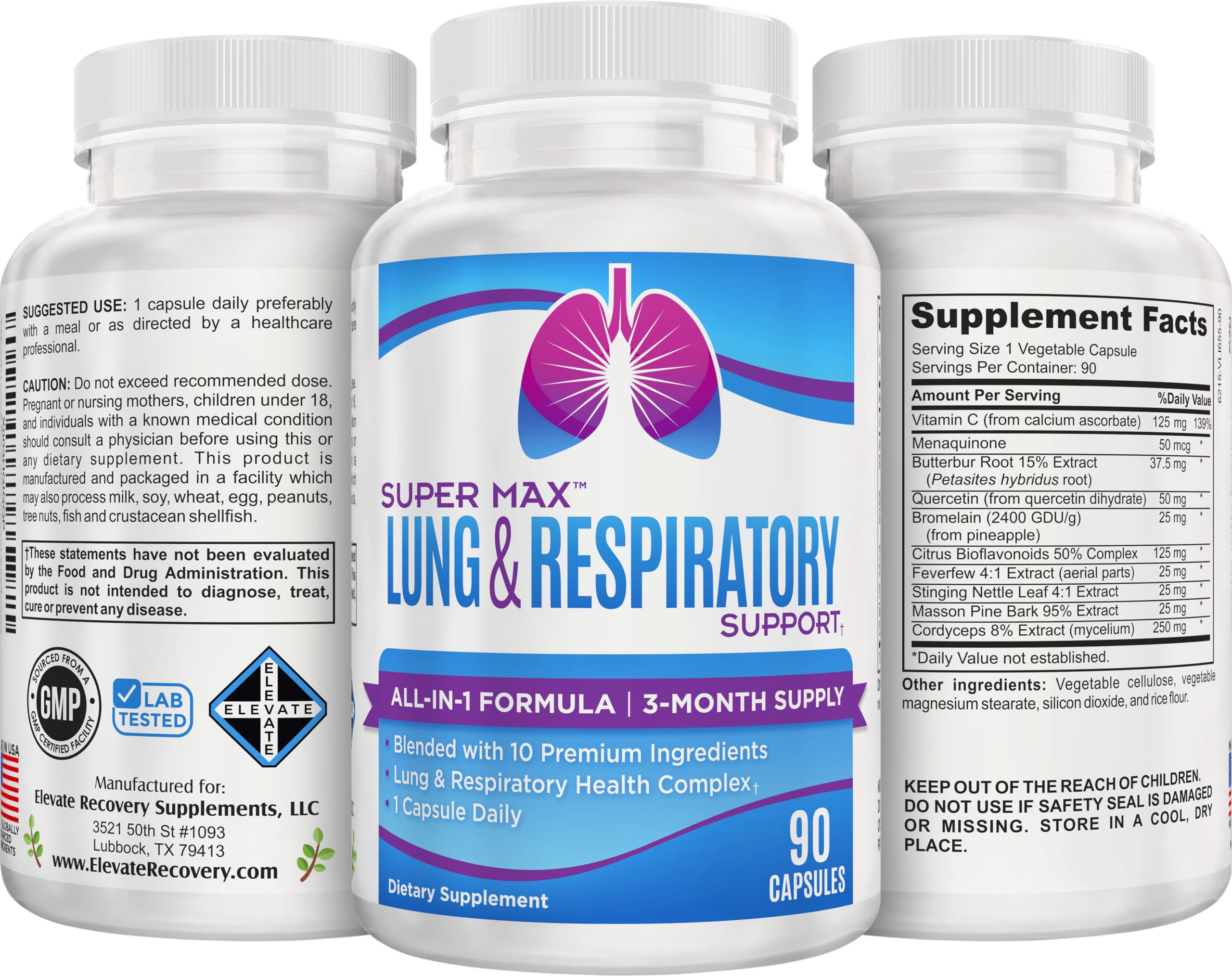 support use Supplements SuperMax Lung Support capsules on a wooden table