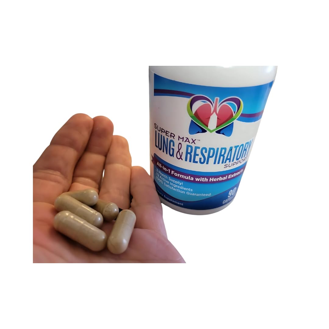 support use Supplements SuperMax Lung Support displayed with a glass of water