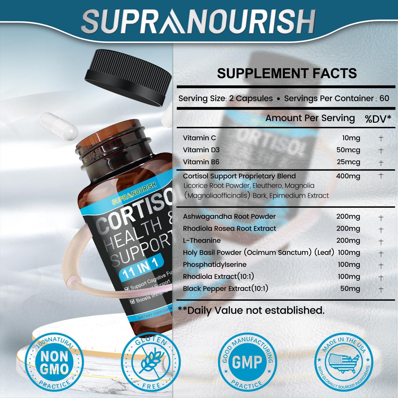 SUPRANOURISH Cortisol Balance Supplement side view with label