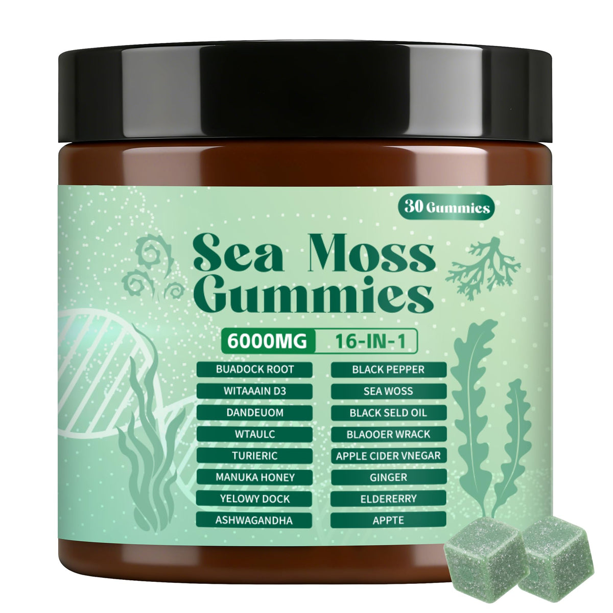 Suqaoae Sea Moss Gummies bottle front view with 30 gummies